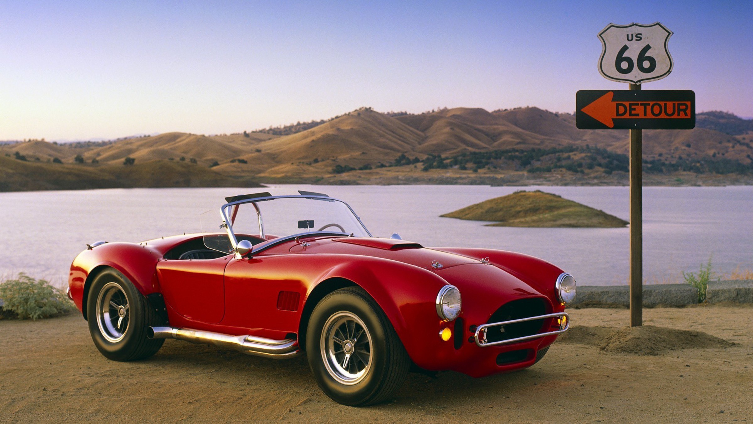 Shelby Cobra, AC Cobra, Route 66, Detour, Lago, 16:9 Full HD, wallpaper widescreen