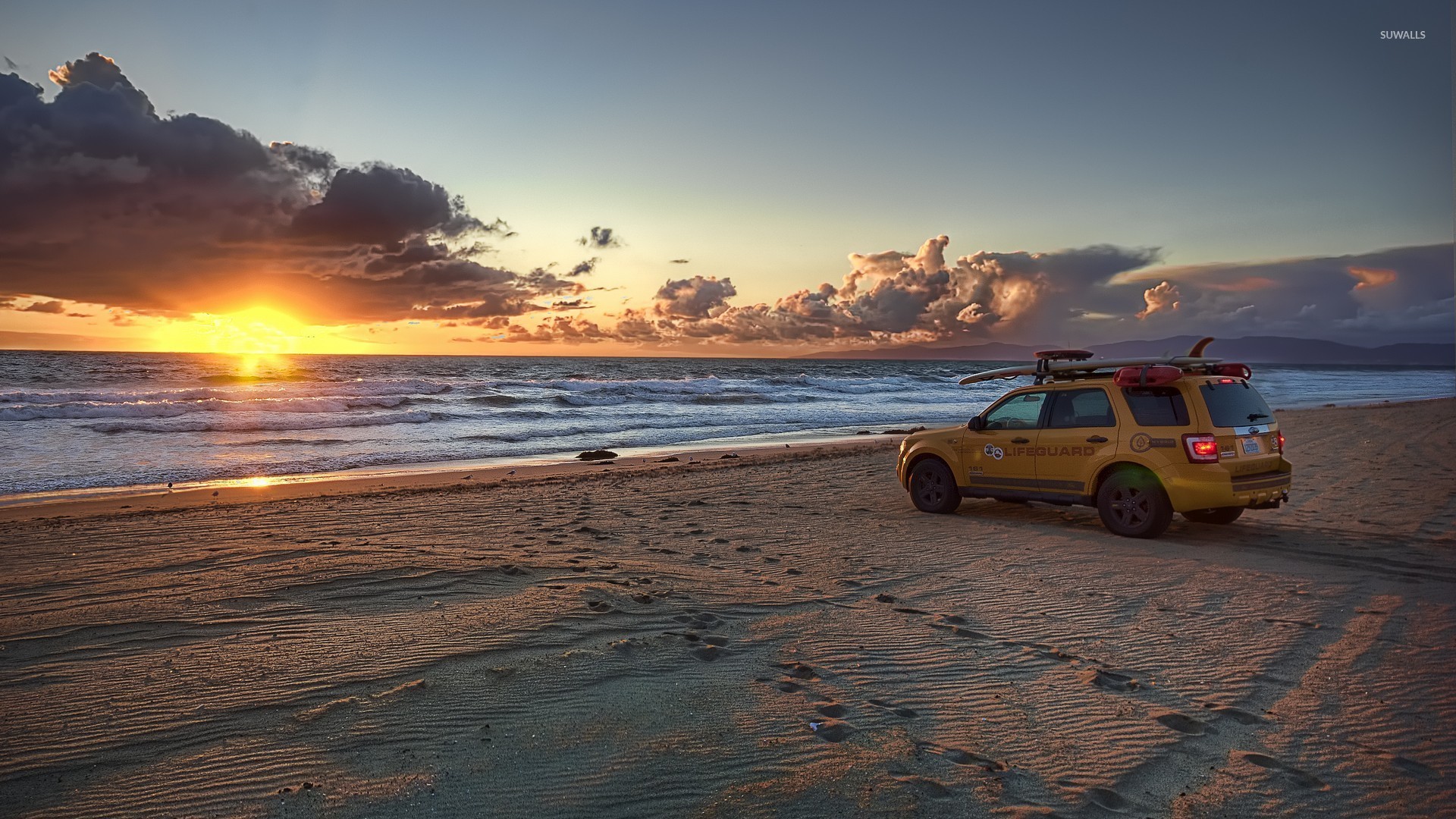 Spiaggia, Tramonto, Auto dei bagnini, Full HD, sfondo desktop
