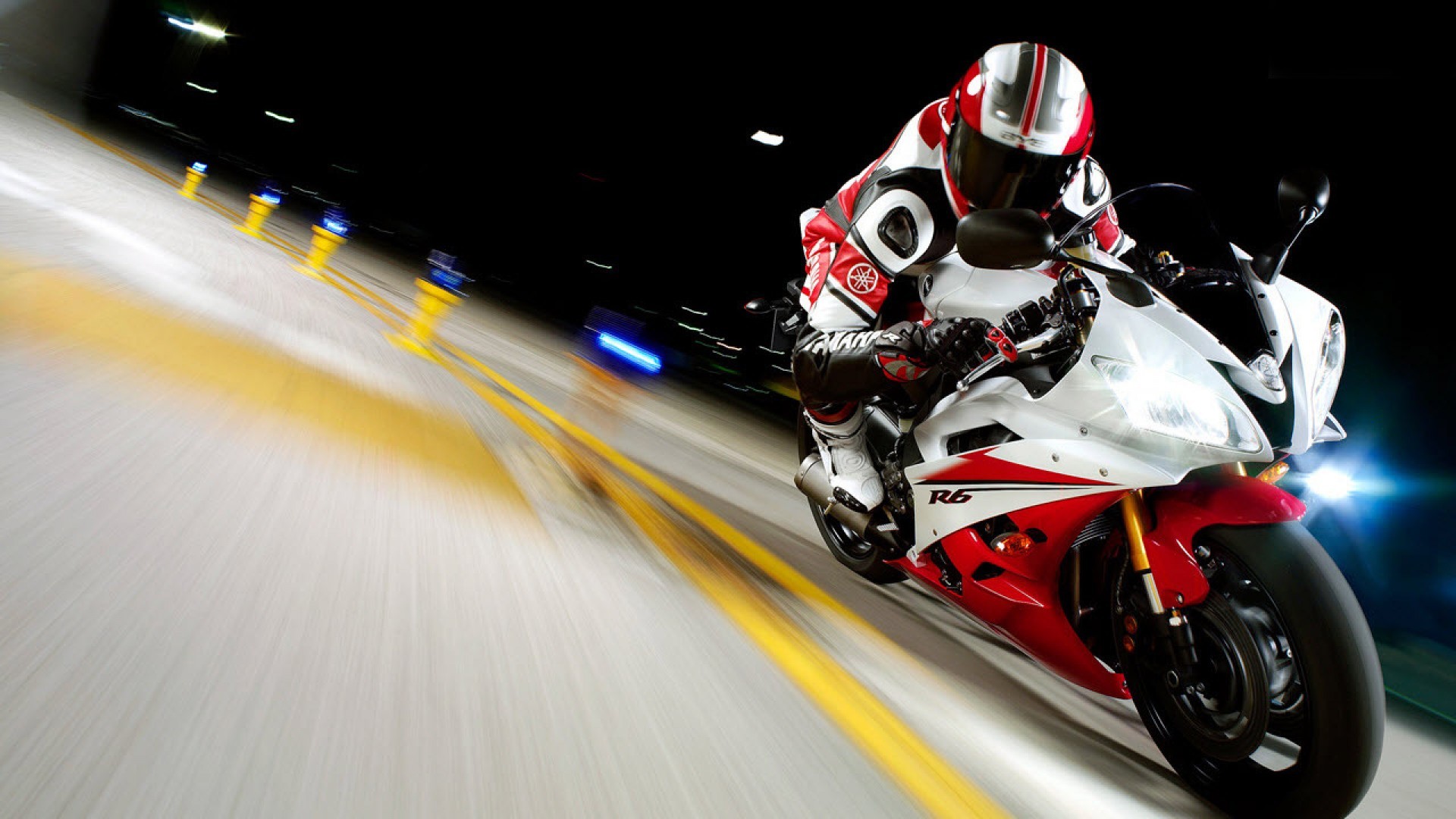 Yamaha YZF-R6, Supersportiva, Notte, Velocità, Motociclista, 1920x1080, sfondo per PC