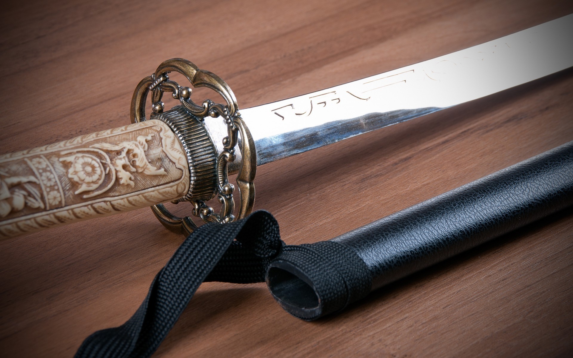 Katana, Fodero, Tsuba, Lama d'acciaio, Primo piano, 16:10 Full HD, sfondo widescreen