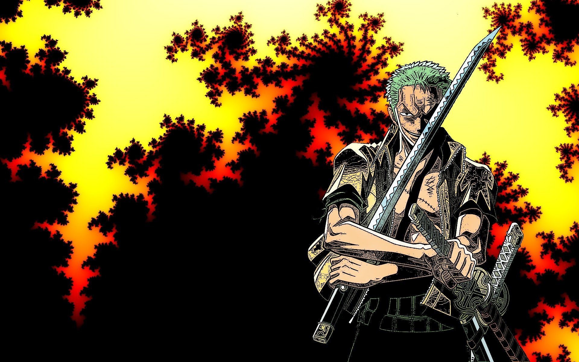 Roronoa Zoro, One Piece, Katana, Frattale, Sfondo nero, 16:10 Full HD, wallpaper widescreen