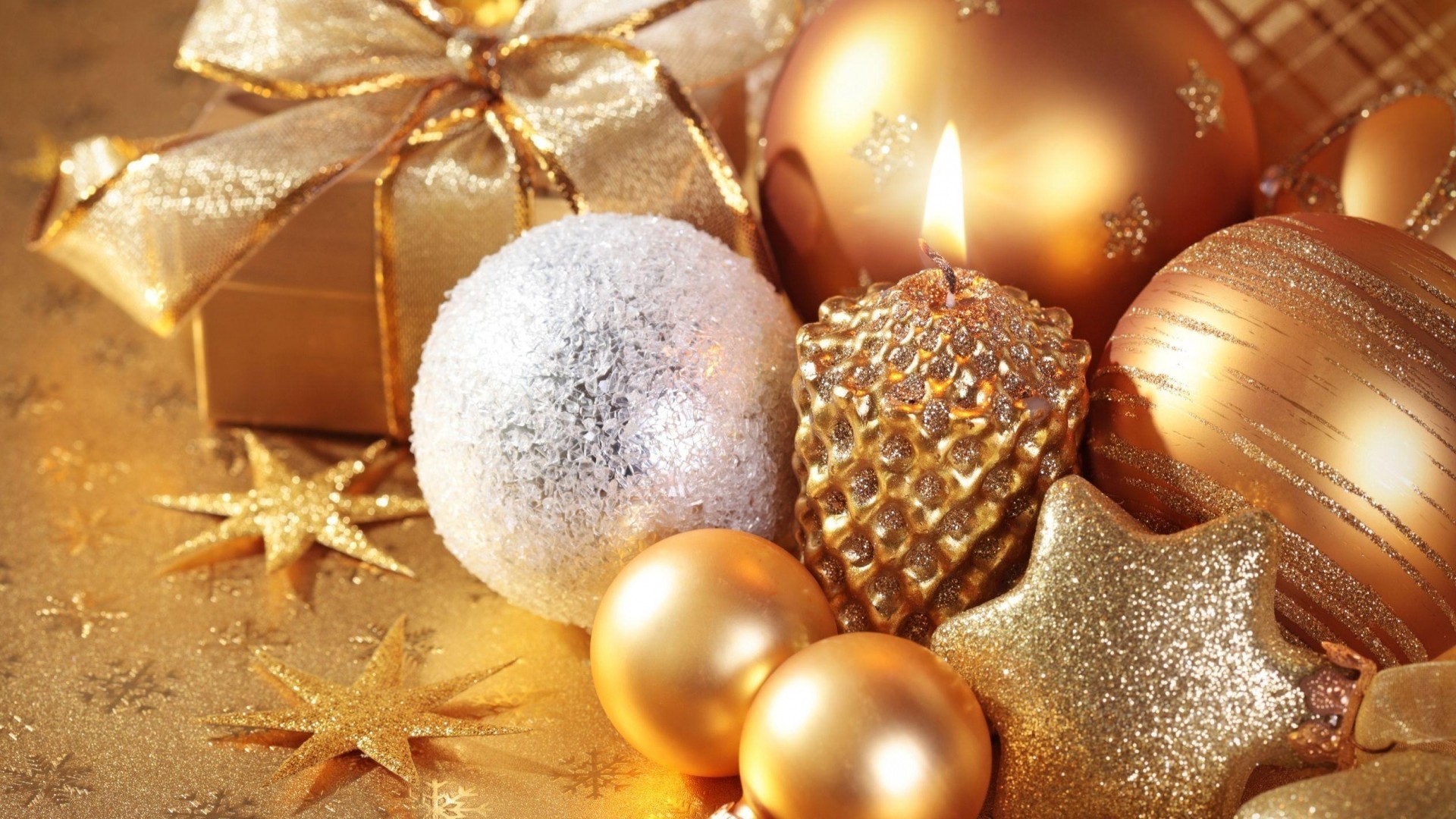 Palline dorate, Candela, Stelle, Natale, Full HD 1080p, sfondo desktop