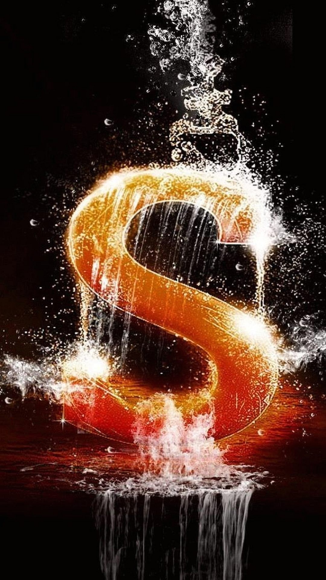 Lettera S, Fuoco, Acqua, Sfondo nero, schermata Home dello smartphone