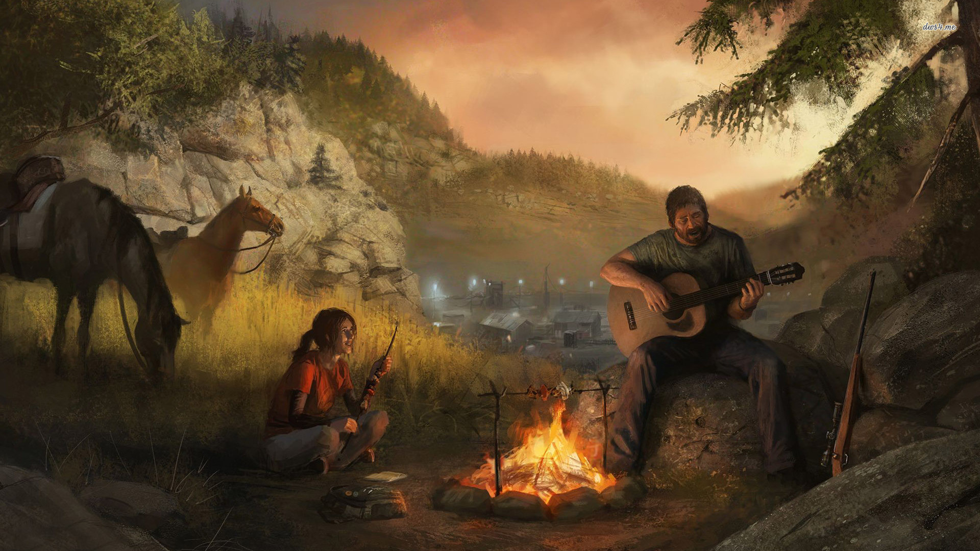The Last of Us, Joel, Ellie, Falò, Chitarra, Cavallo, 1920x1080, wallpaper desktop