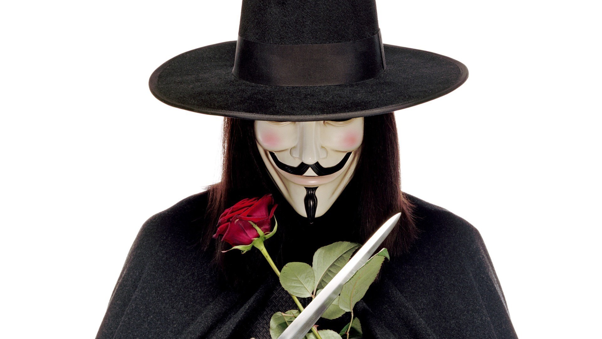 V per Vendetta, V, Maschera di Guy Fawkes, Rosa rossa, Pugnale, Sfondo bianco, wallpaper Full HD