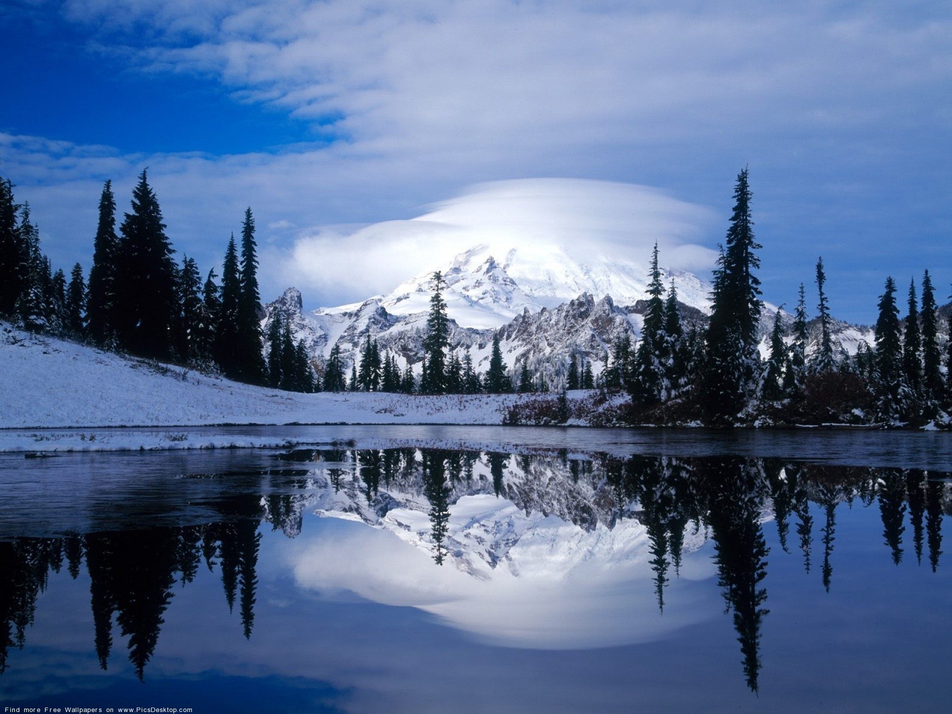 Monte Rainier, Nube lenticolare, Lago, Inverno, sfondo per iPad e tablet