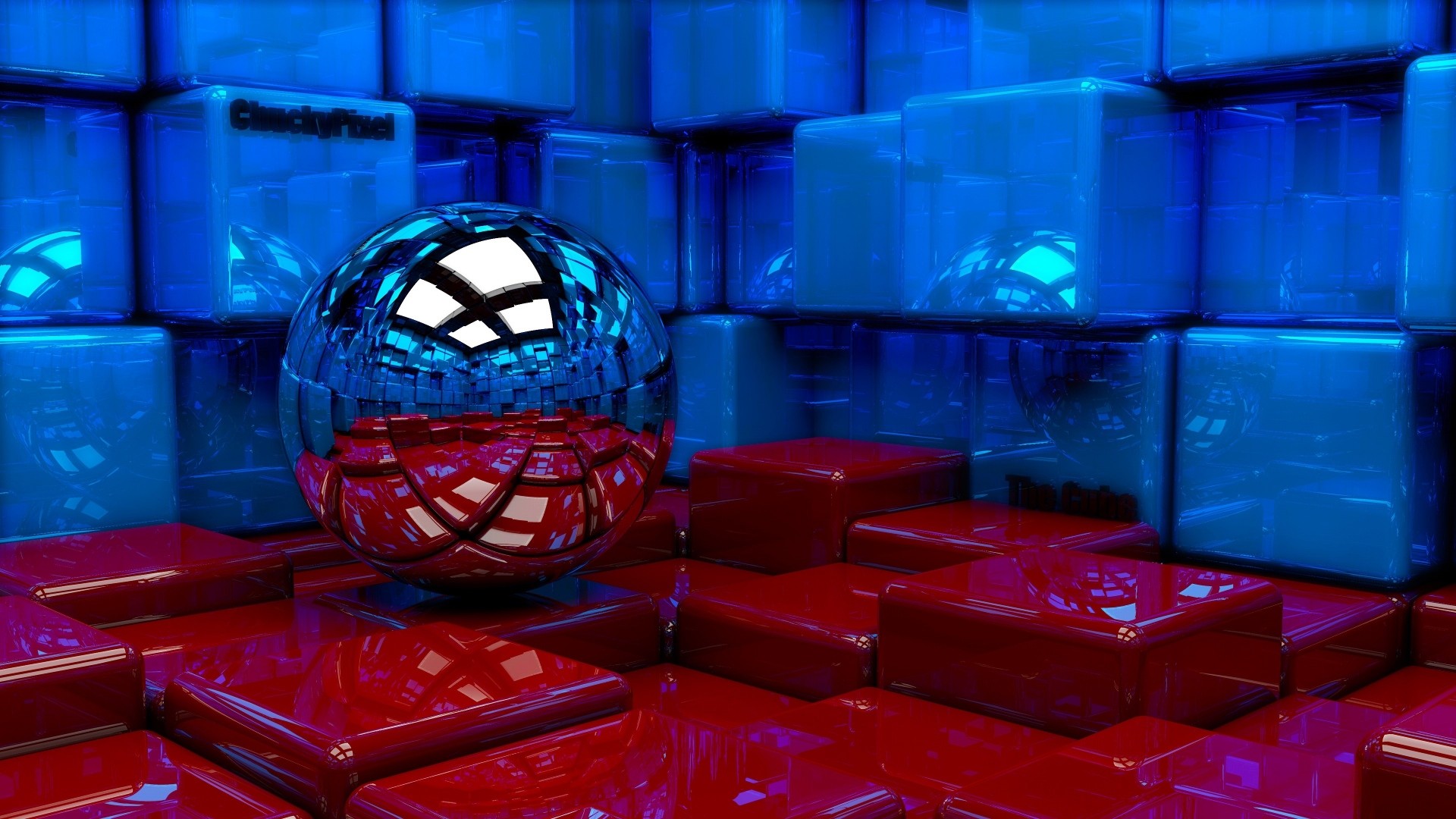 Sfera cromata, Cubi, 3D, Rosso e blu, Full HD, sfondo Windows 11