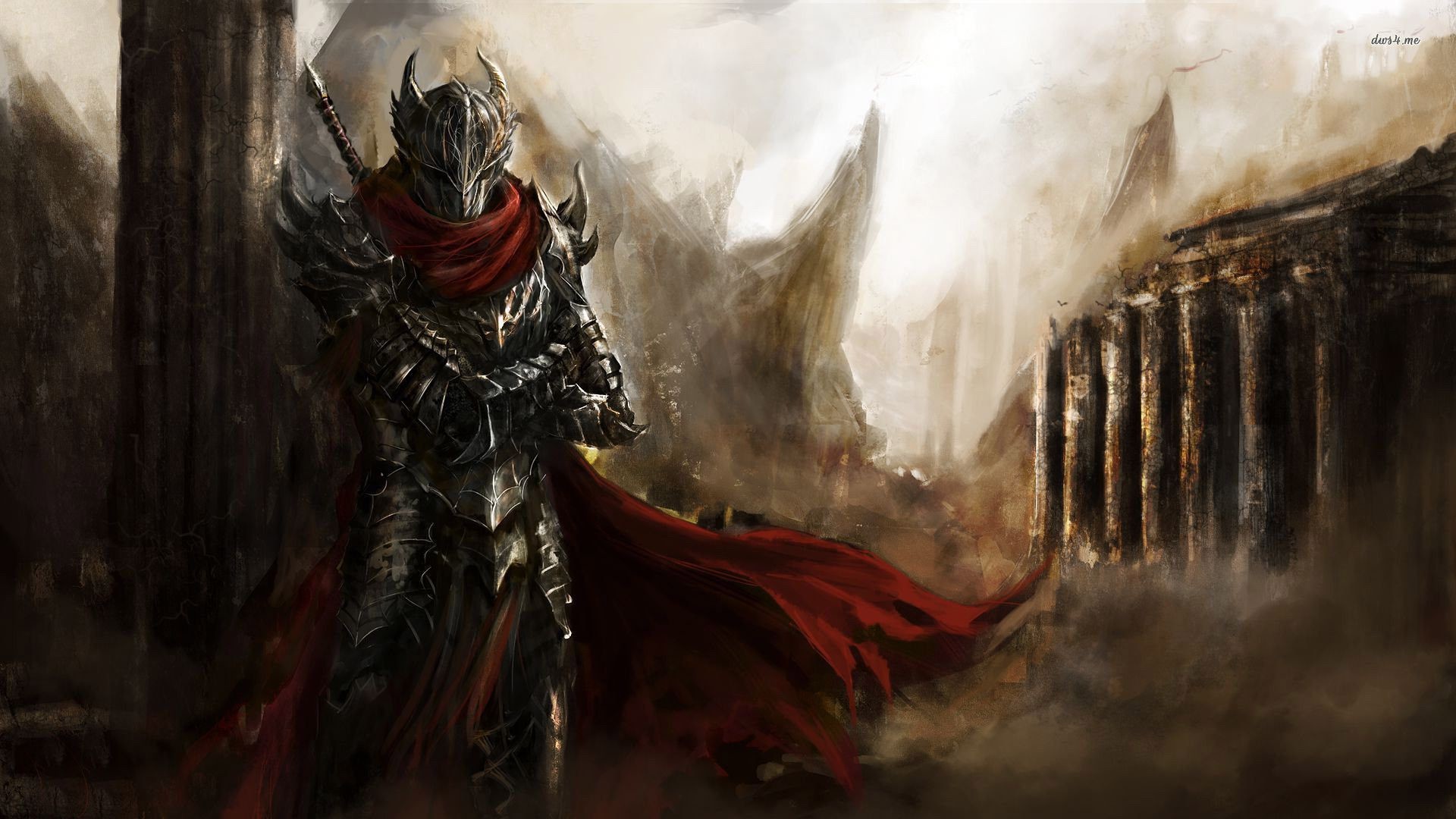 Cavaliere nero, Armatura, Mantello rosso, Rovine, Fantasy, Full HD, sfondo per PC e portatile