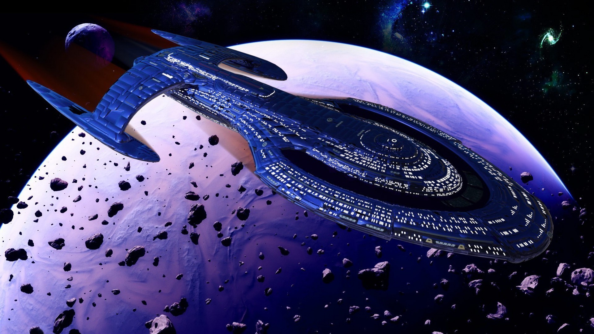 USS Enterprise (NCC-1701-D), Star Trek, Pianeta, Asteroidi, Viola, sfondo Windows 11