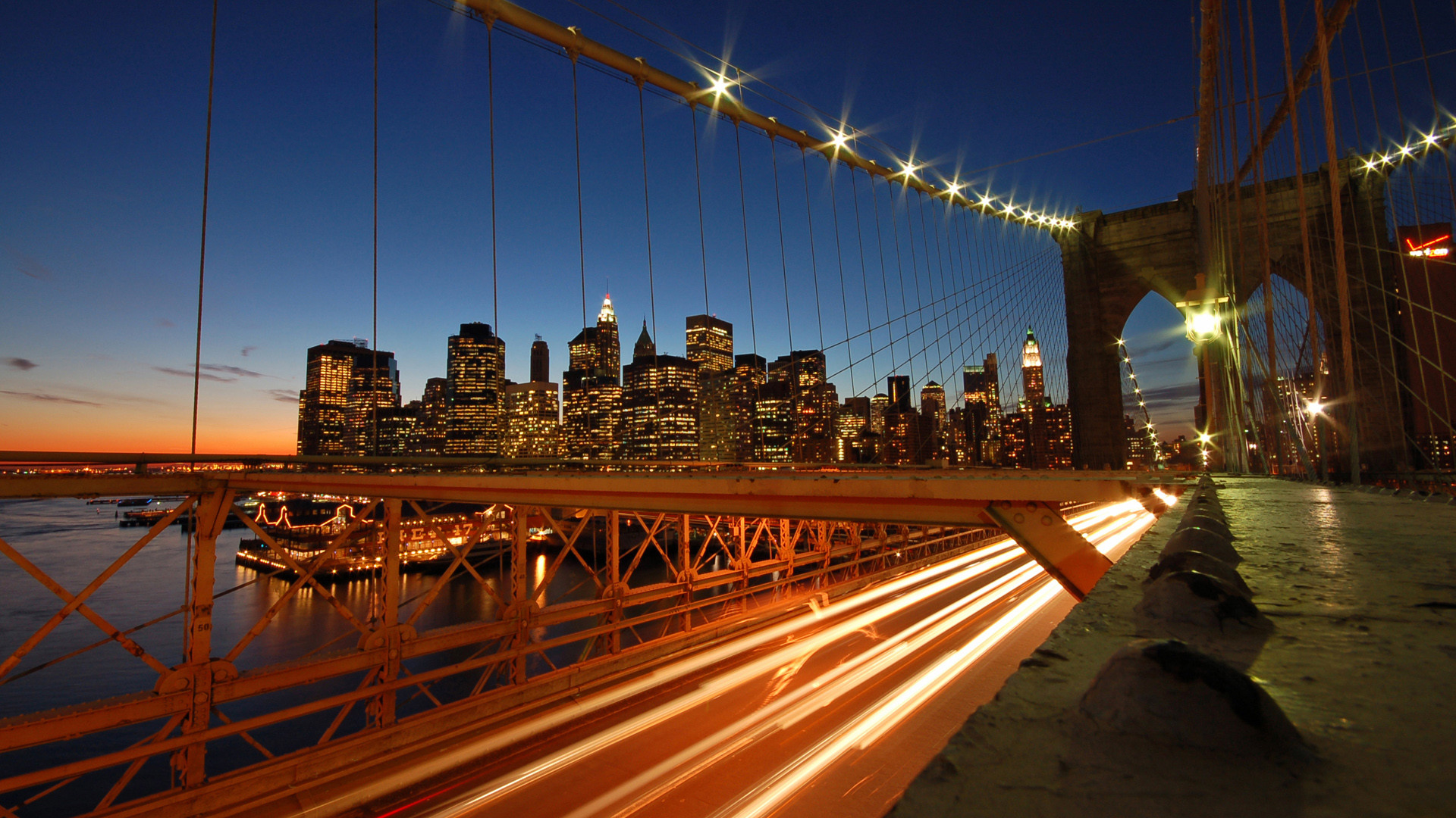 Ponte di Brooklyn, New York, Manhattan, Scie luminose, Crepuscolo, sfondo 1920x1080 per PC