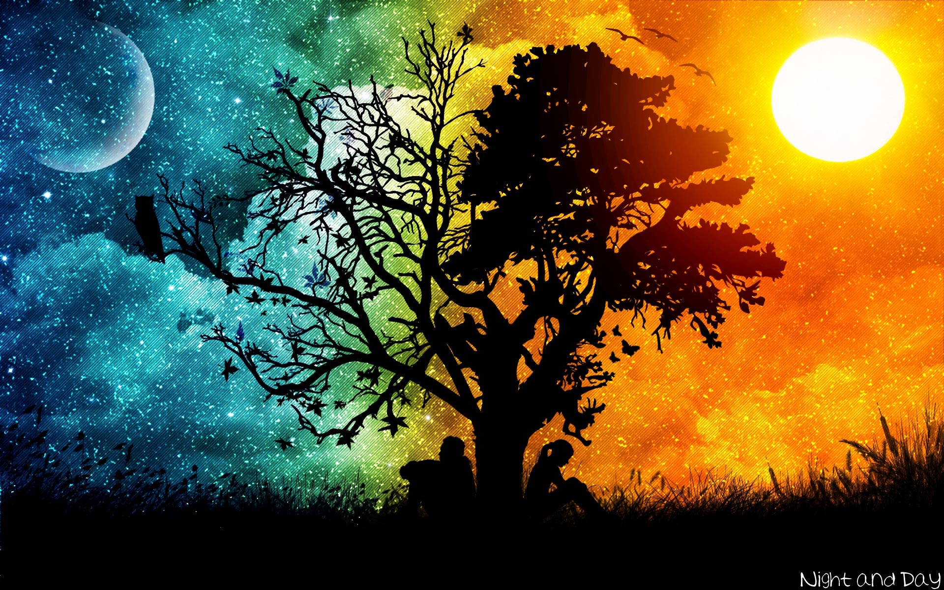 Albero, Giorno e notte, Luna, Sole, Silhouette, 1920x1200, sfondo per PC