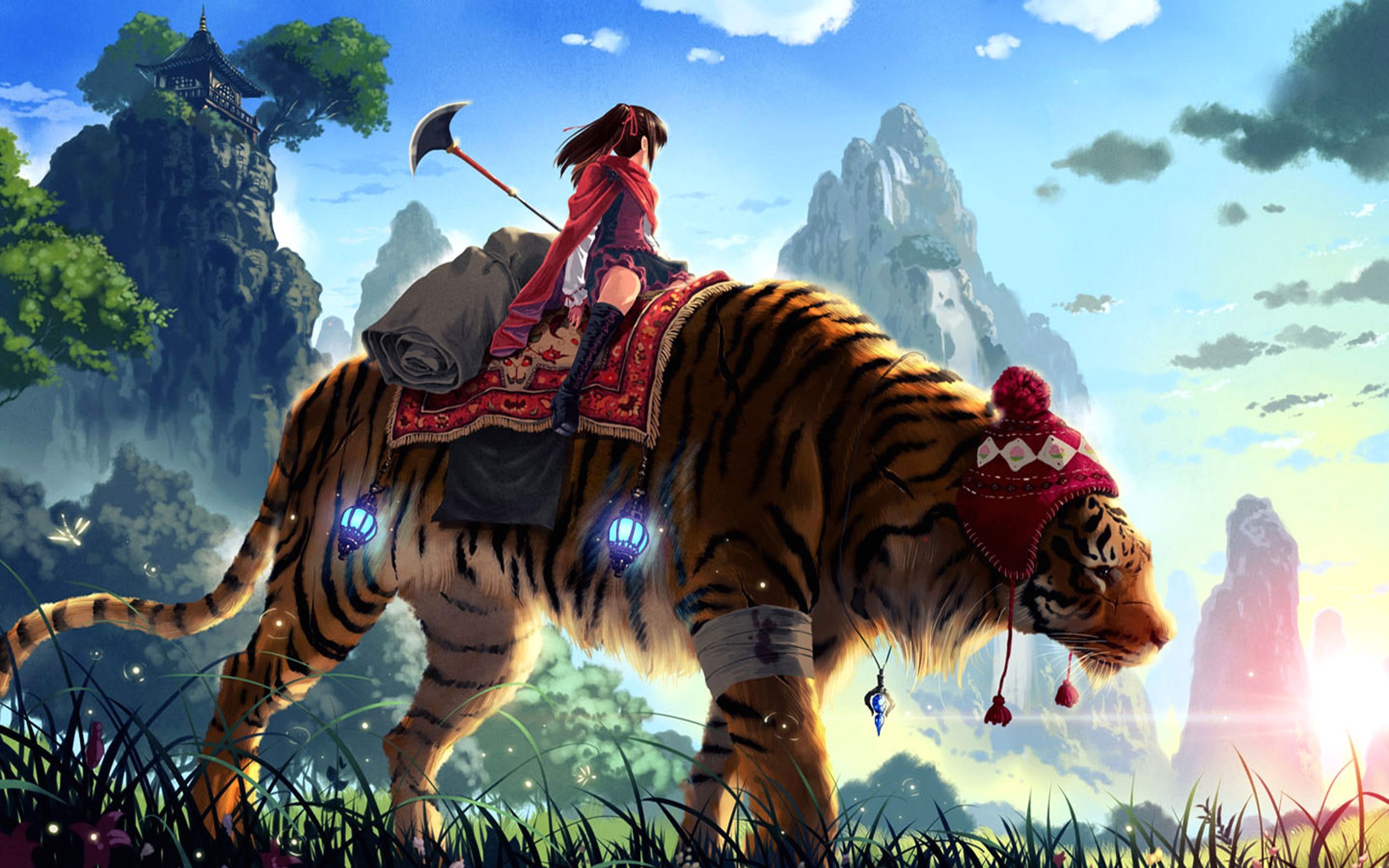 Tigre gigante, Ragazza, Arte fantasy, Montagne, Viaggio, 16:10 2K, sfondo widescreen
