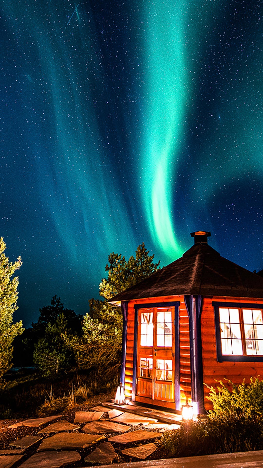 Aurora boreale, Capanna, Notte, Stelle, Full HD, sfondo Android