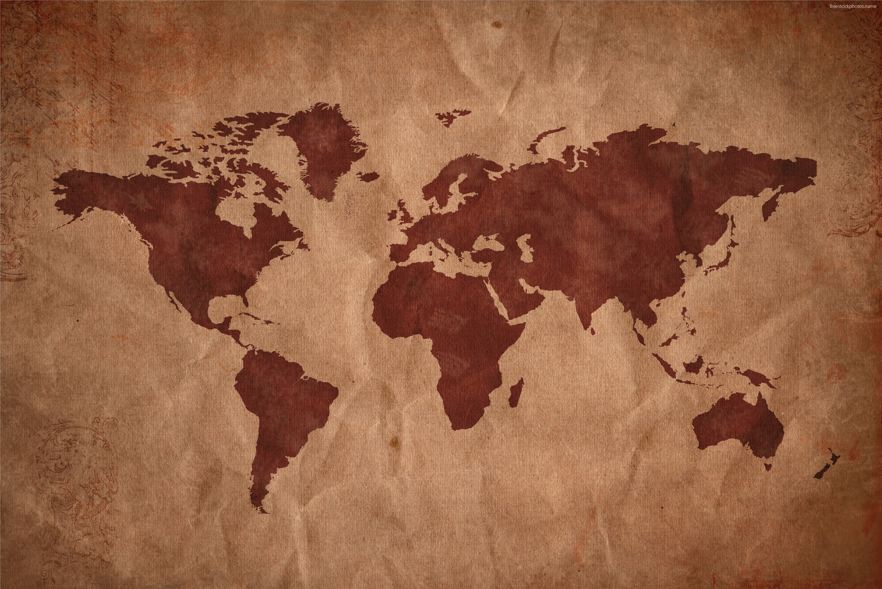 Mappa del mondo, Carta stropicciata, Marrone, 2K, sfondo per PC e portatile