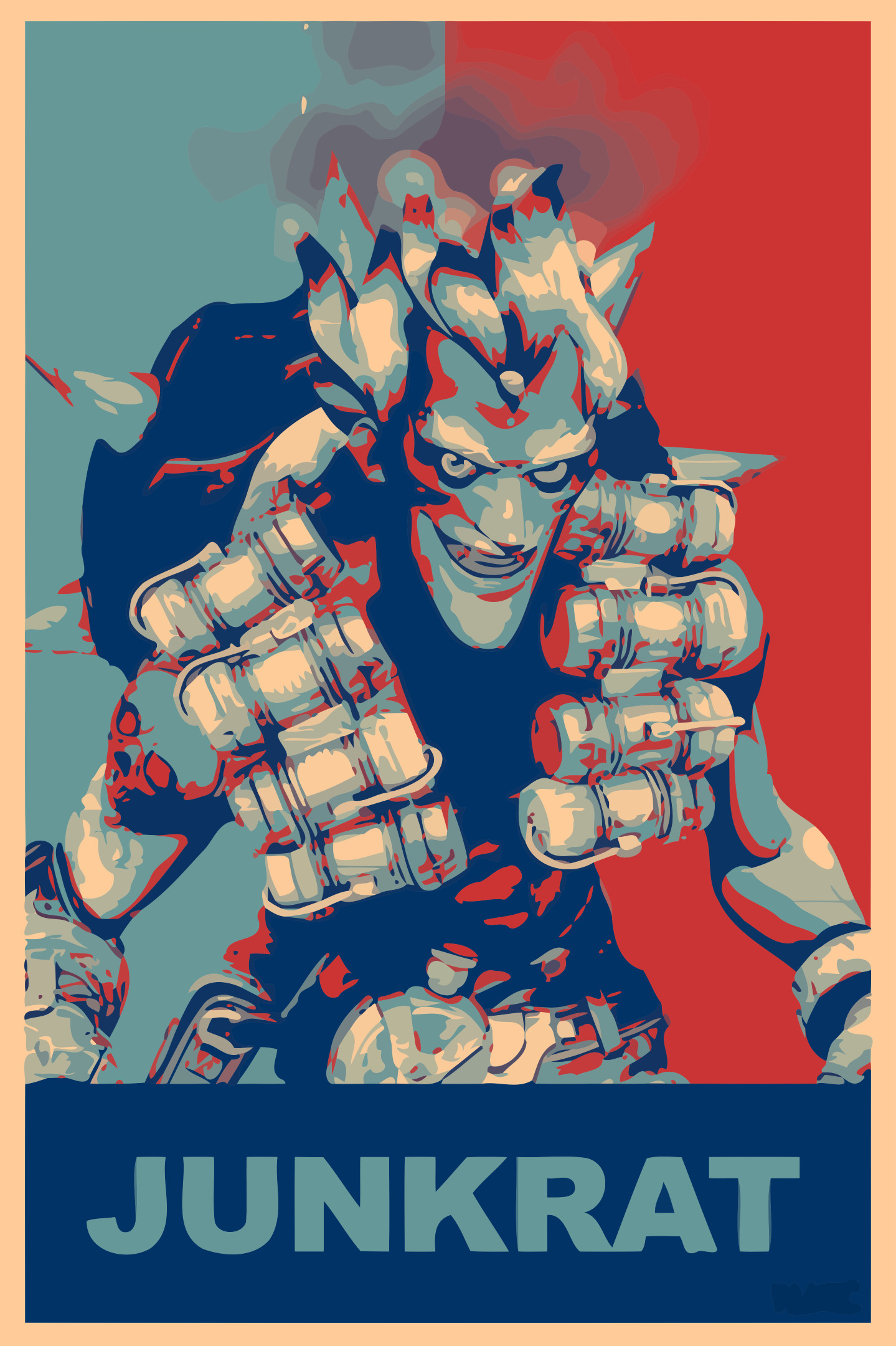 Junkrat, Overwatch, Stile poster Hope, Rosso e blu, Full HD, schermata di blocco del cellulare