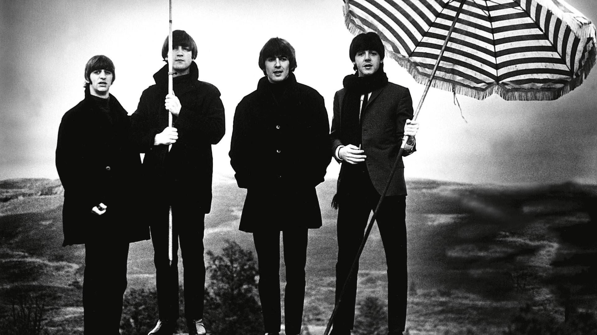The Beatles, Ombrellone, Bianco e nero, Band britannica, Full HD, sfondo per PC