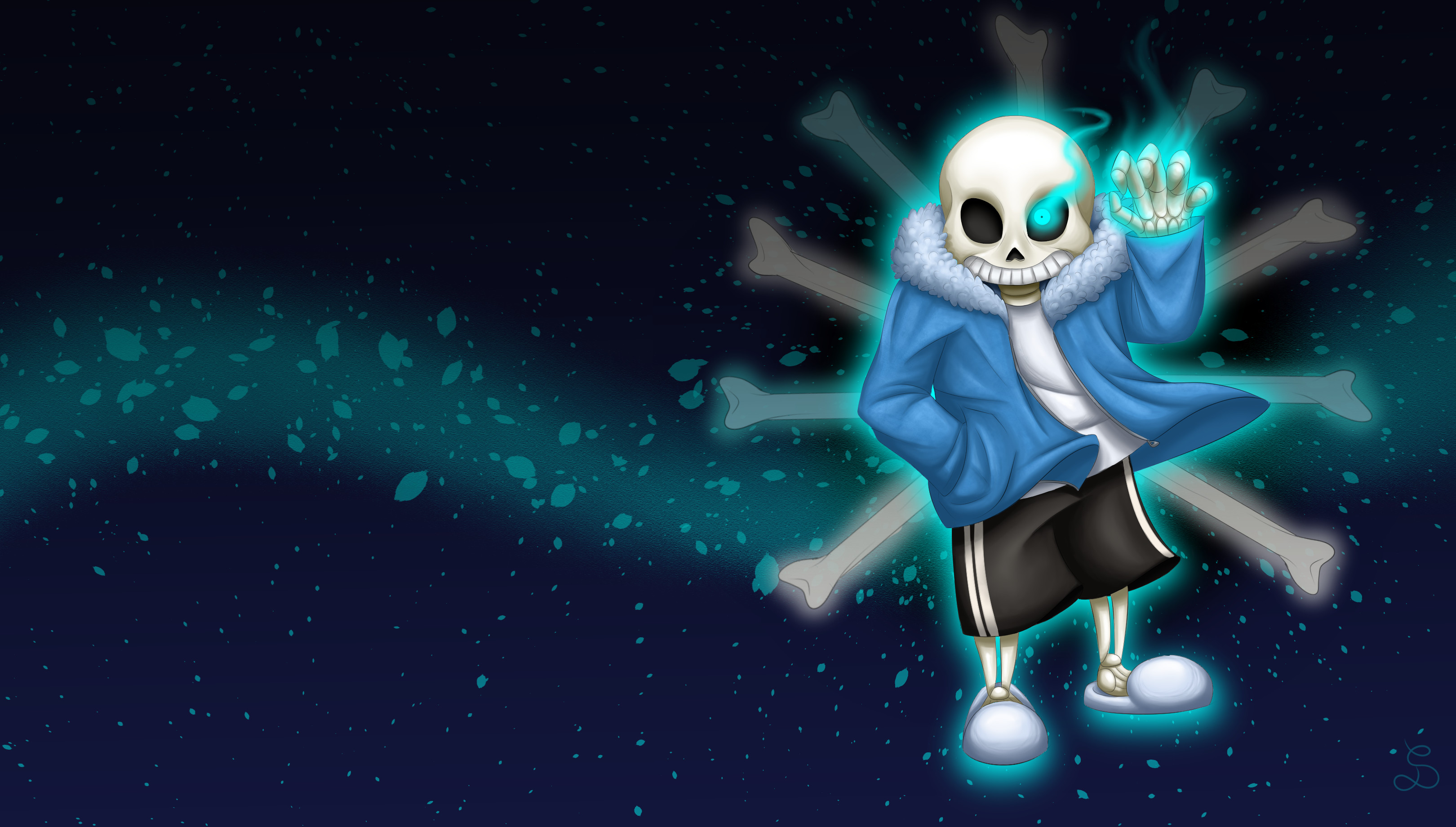 Sans, Undertale, Ossa, Occhio blu, Notte, 2K, sfondo per PC e portatile