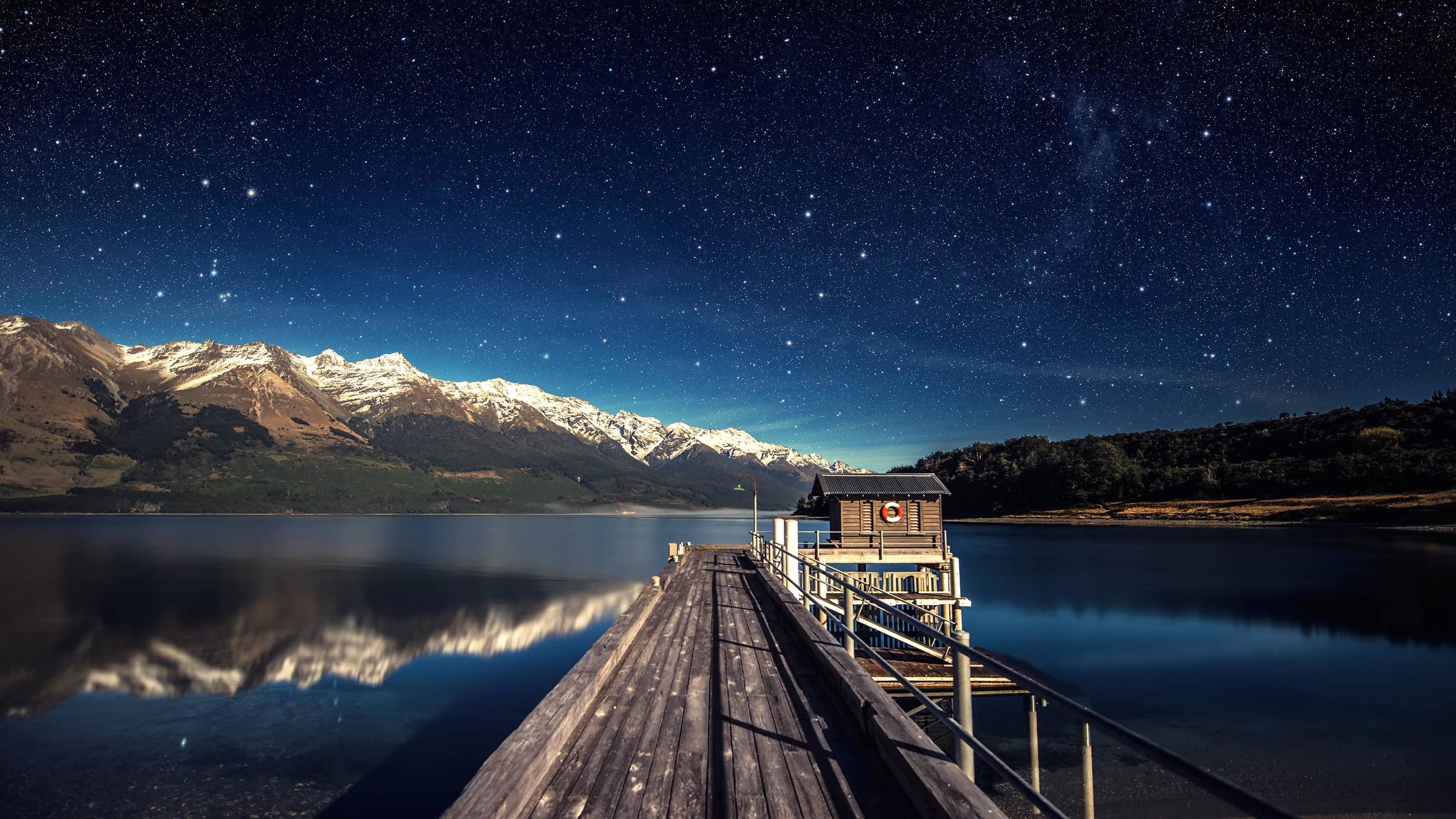 Lago Wakatipu, Glenorchy, Nuova Zelanda, Pontile, Notte stellata, sfondo 2K per computer