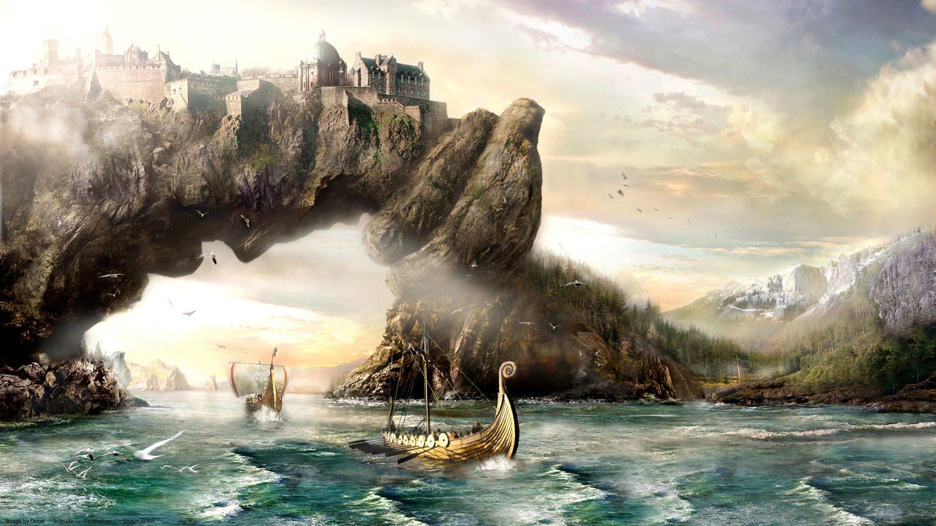 Drakkar, Arco di roccia, Castello, Arte fantasy, Full HD, wallpaper per PC