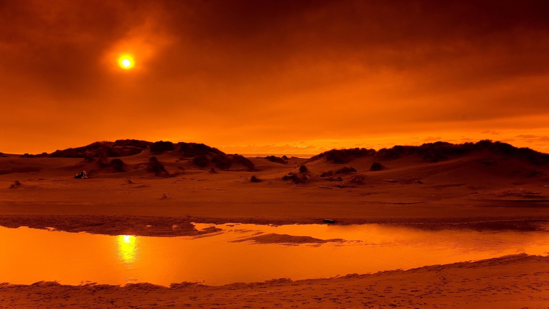 Dune, Riflesso, Sole, Arancione, Full HD, sfondo Windows 11