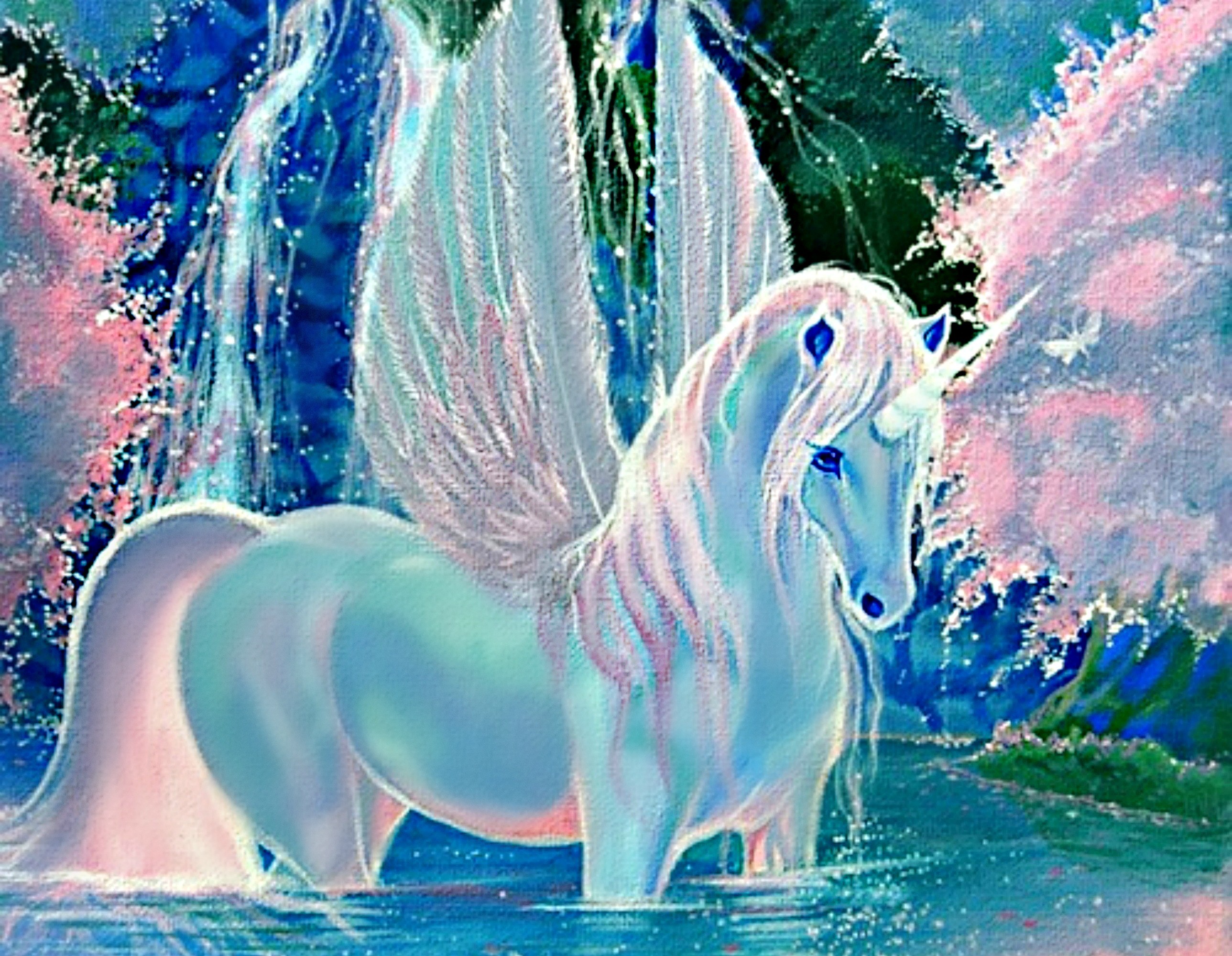 Unicorno alato, Fantasy, Cascata, Fiori di ciliegio, Illustrazione, sfondo per portatile