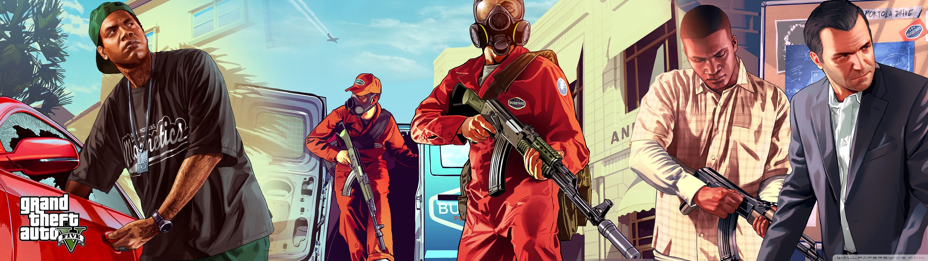 Grand Theft Auto V, Rapina, Personaggi, Mascheramento, 3840x1080, sfondo per PC