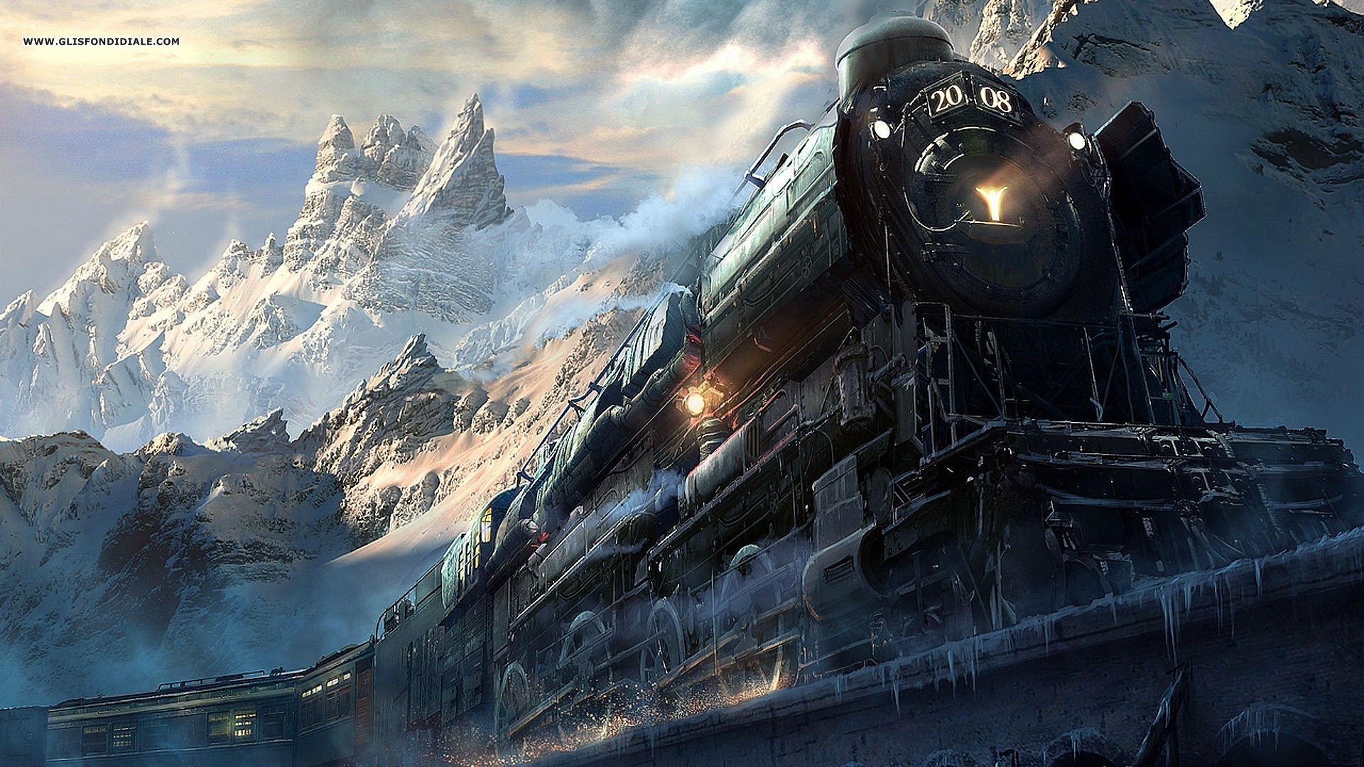 Locomotiva a vapore, Treno, Montagne innevate, Fantasy, Full HD, wallpaper per computer