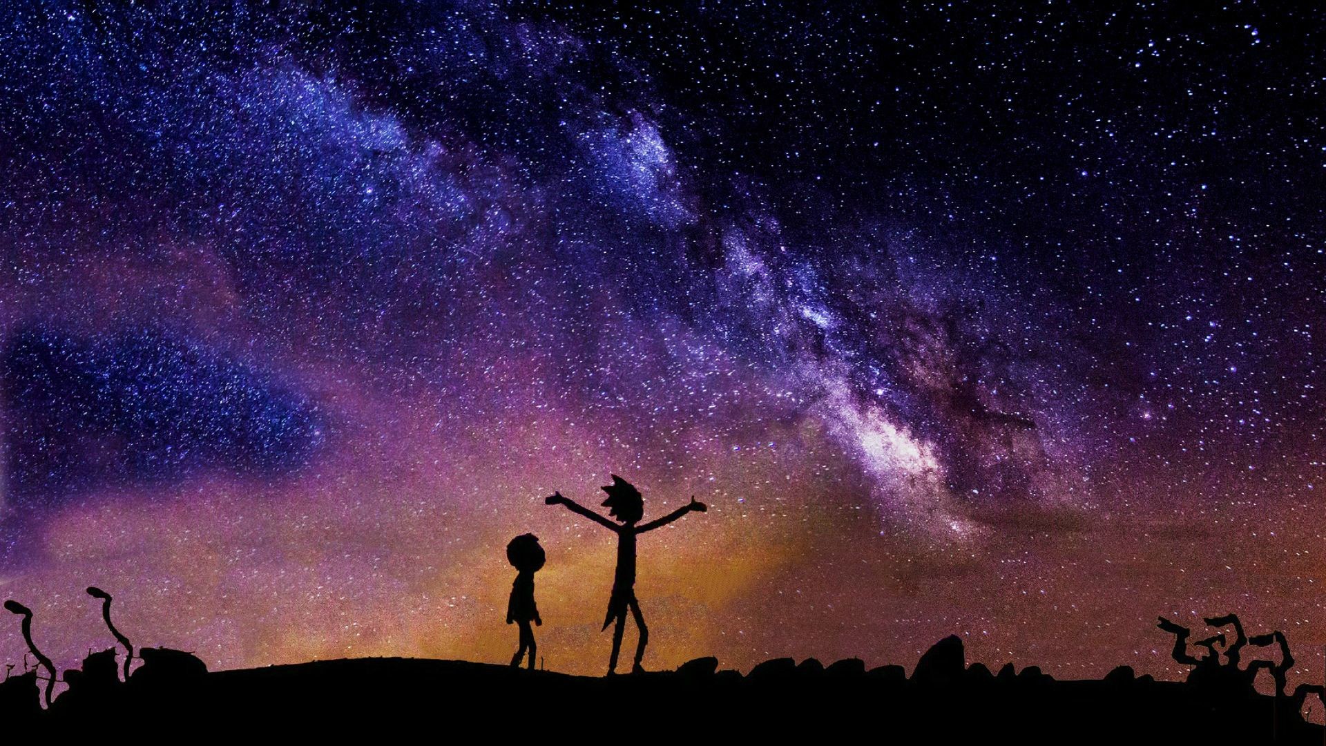Rick Sanchez, Morty Smith, Via Lattea, Silhouette, Notte, Full HD, sfondo desktop