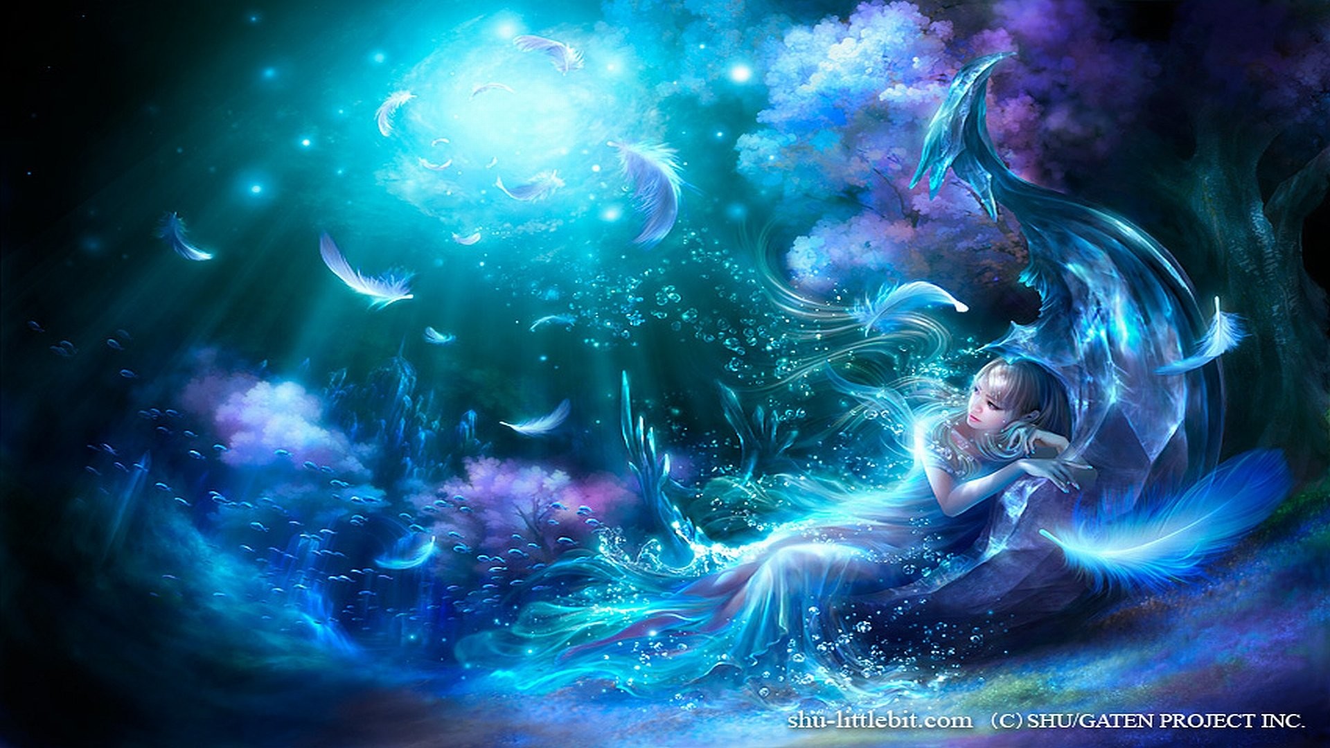 Sirena, Mondo sottomarino, Luce, Arte digitale, Blu, 1920x1080, immagine di sfondo