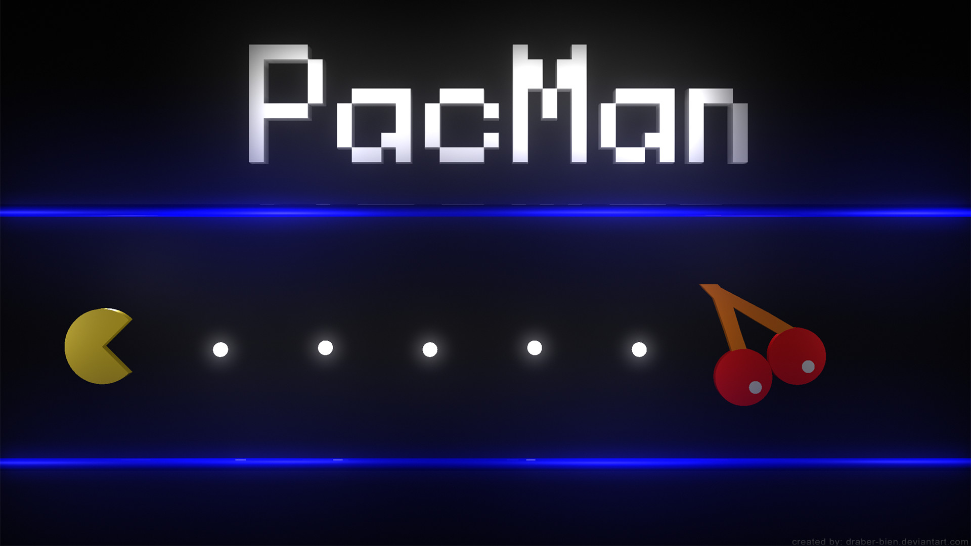 Pac-Man, Ciliegie, Puntini, Neon blu, Sfondo nero, 1920x1080, wallpaper desktop