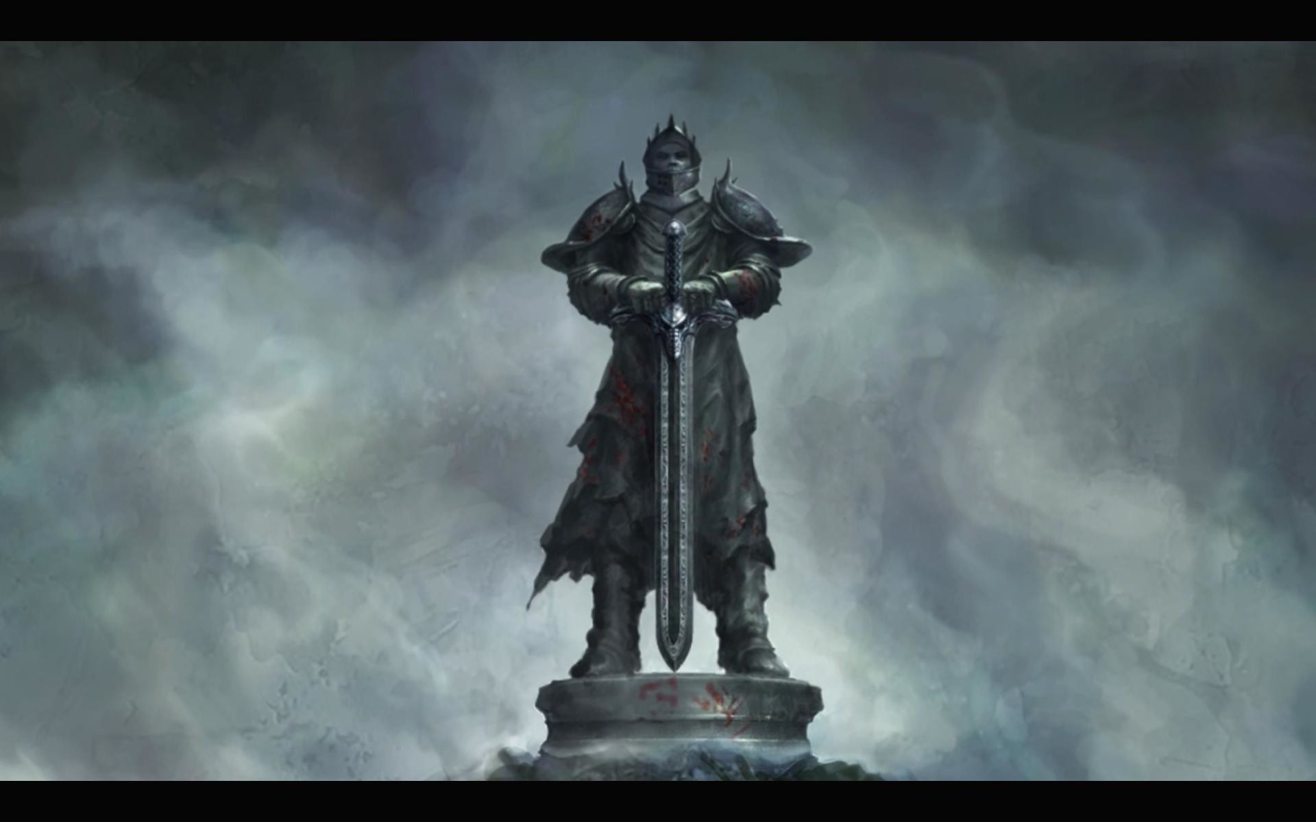 Statua, Cavaliere, Spada, Cielo tempestoso, Fantasy, Full HD, wallpaper desktop