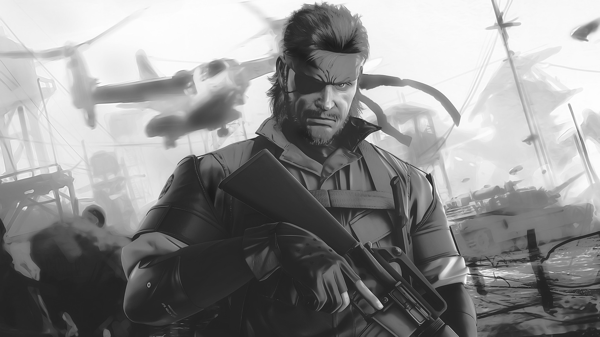 Big Boss, Metal Gear Solid, Bianco e nero, Fucile, Full HD, sfondo per portatile