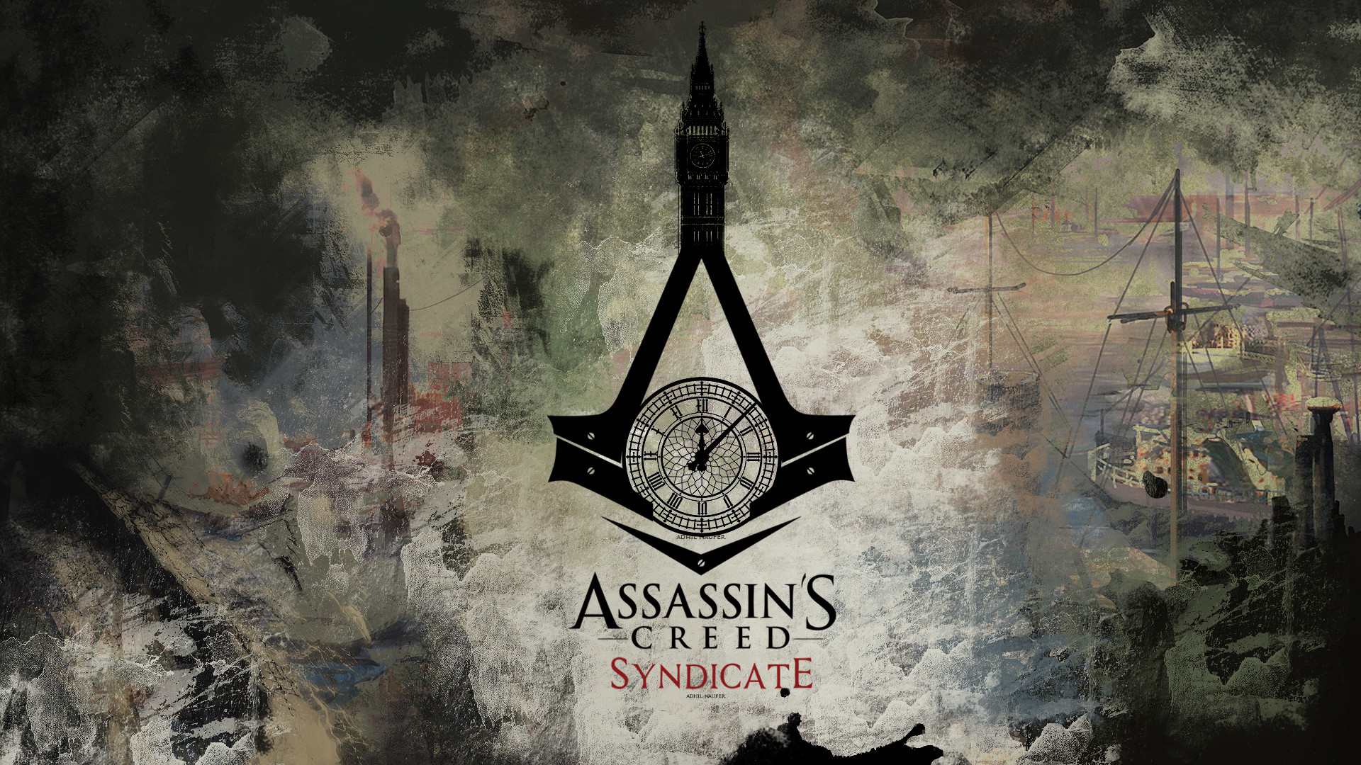 Assassin's Creed Syndicate, Logo, Big Ben, Mappa, Stile grunge, Full HD 1080p, sfondo desktop