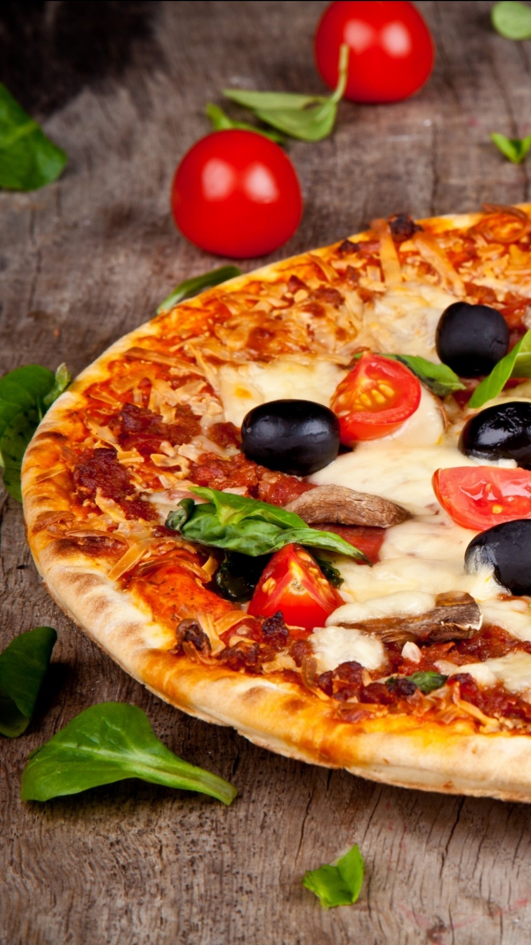 Pizza, Pomodorini, Olive nere, Basilico, 1080x1920, schermata di blocco iPhone