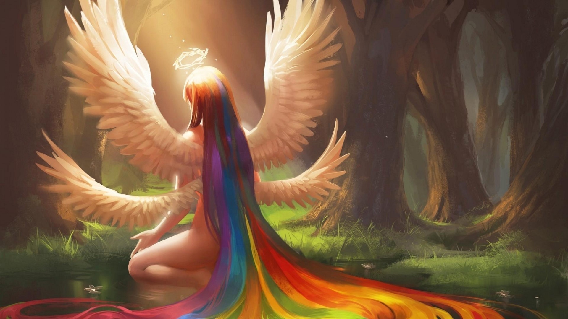 Angelo, Capelli arcobaleno, Ali, Foresta, Fantasy, 1920x1080, sfondo per PC