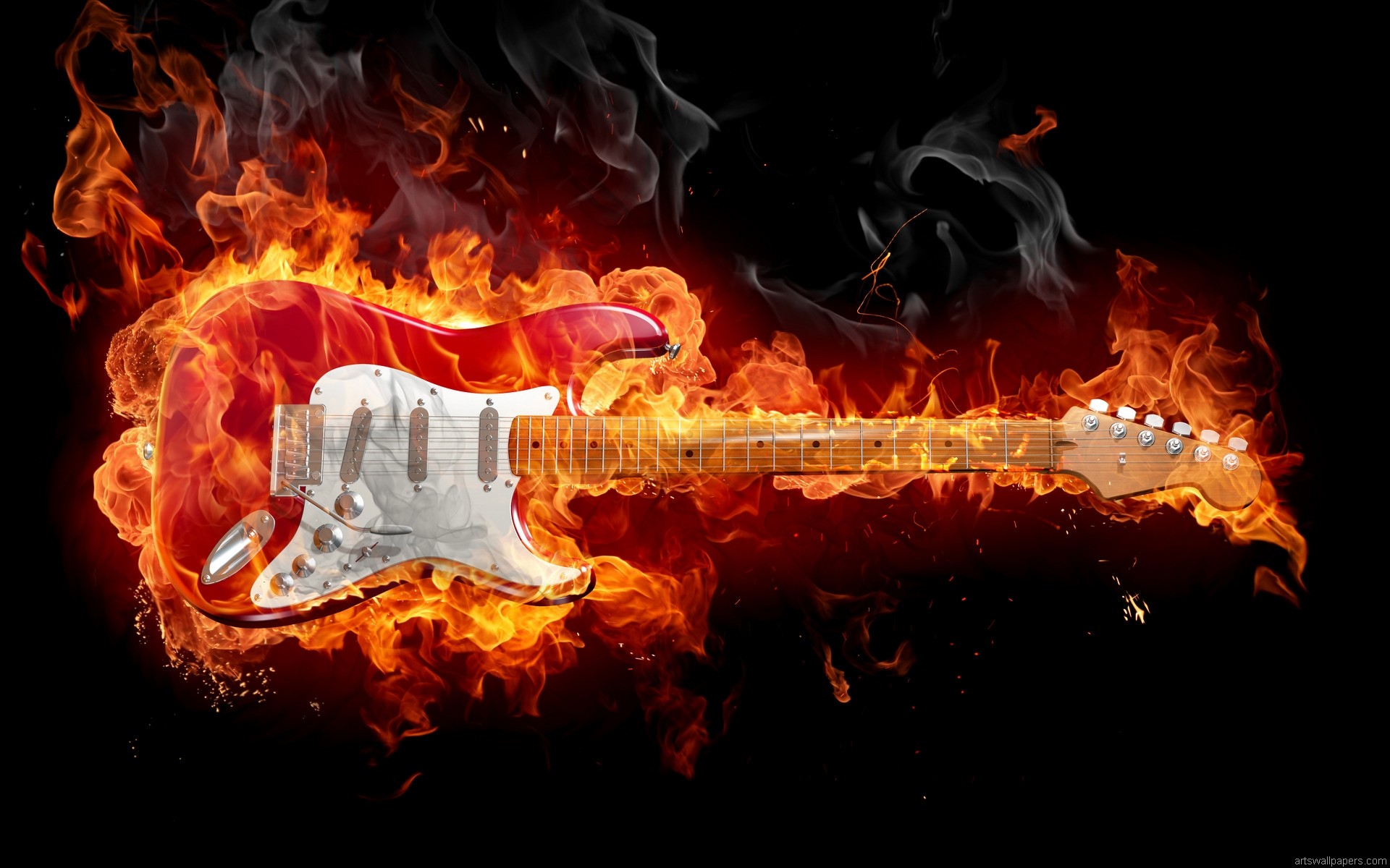 Fender Stratocaster, Chitarra elettrica, Fiamme, Sfondo nero, 1920x1200, wallpaper desktop
