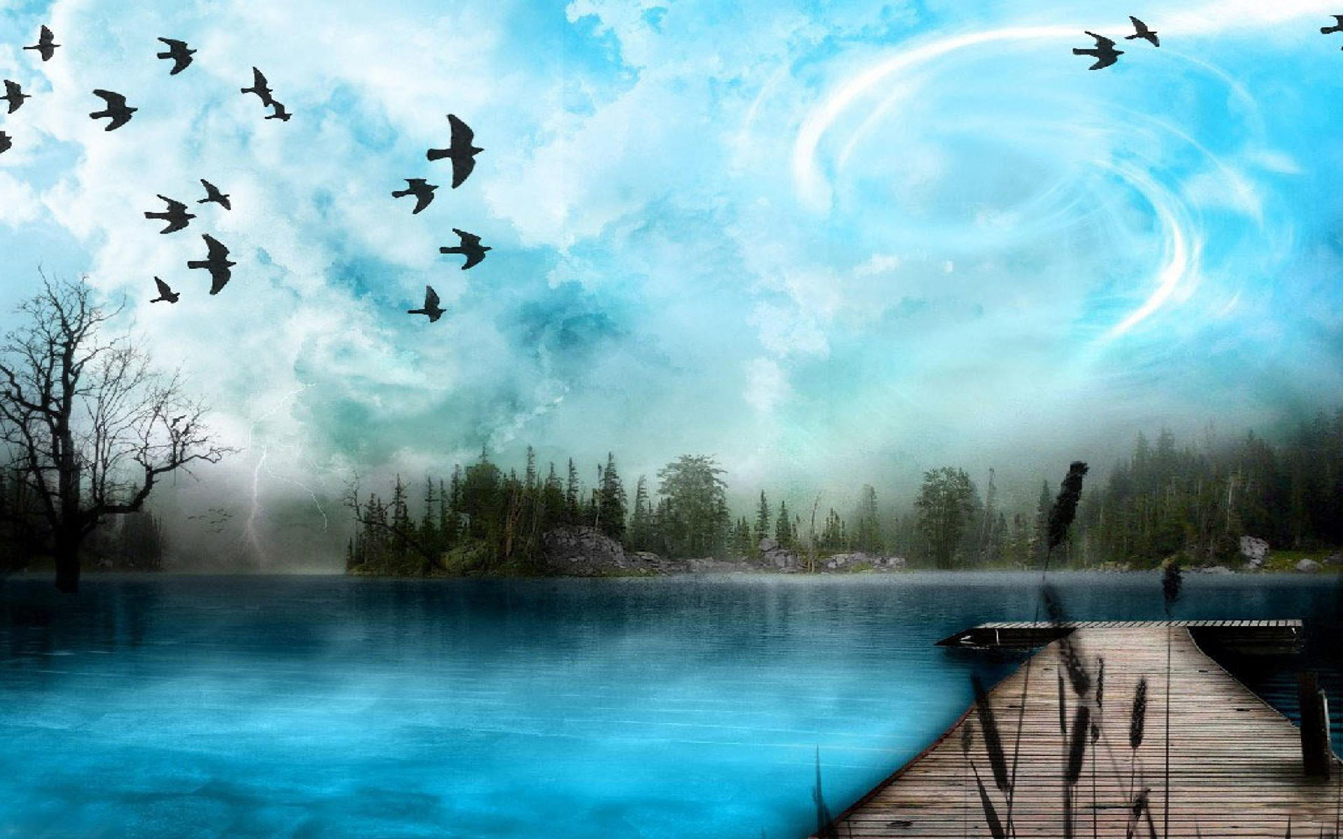 Lago, Pontile, Uccelli, Arte digitale, 16:10 Full HD, sfondo widescreen