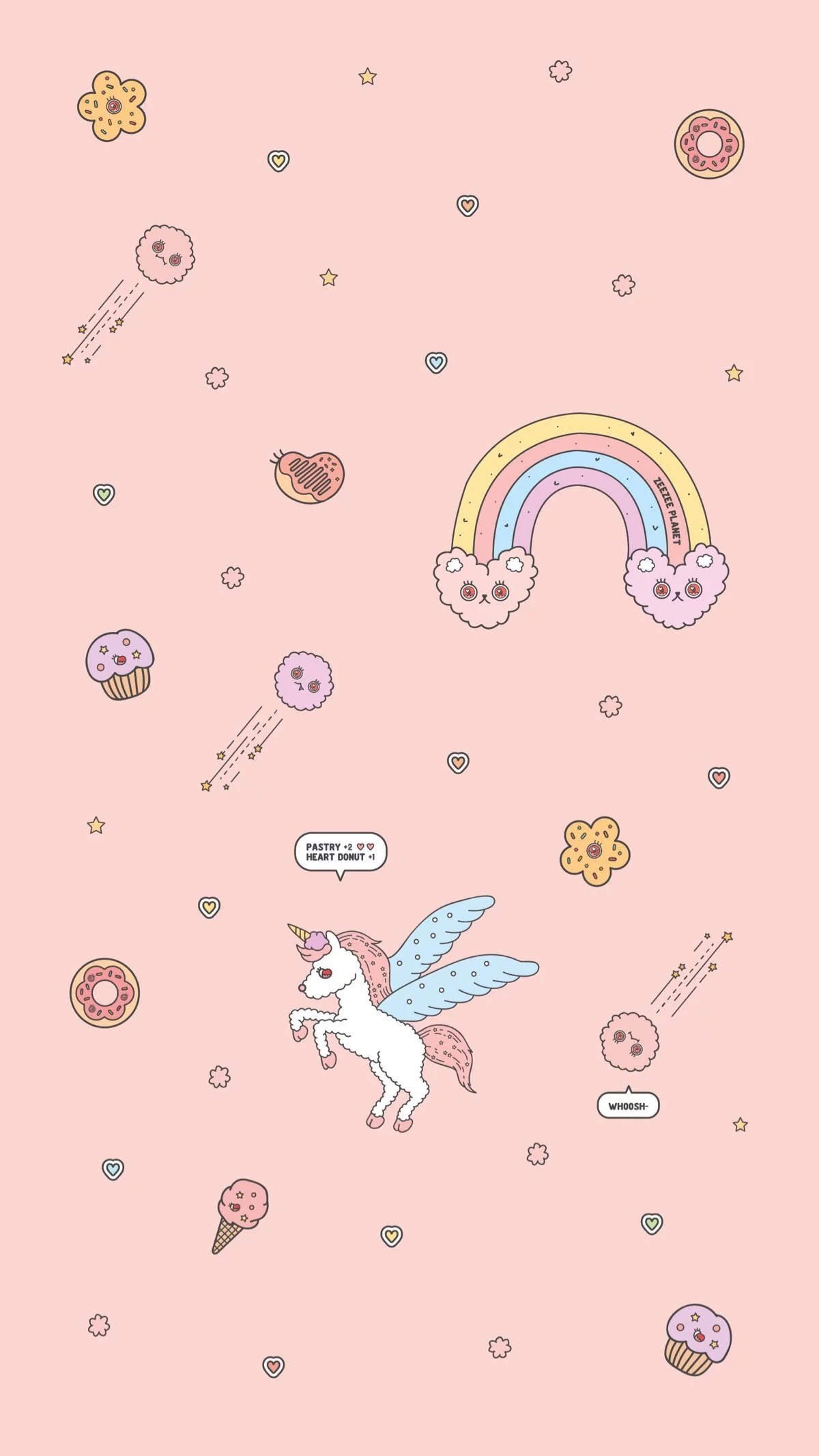 Unicorno, Arcobaleno, Ciambelle, Rosa, Doodle, Full HD, schermata di blocco del cellulare