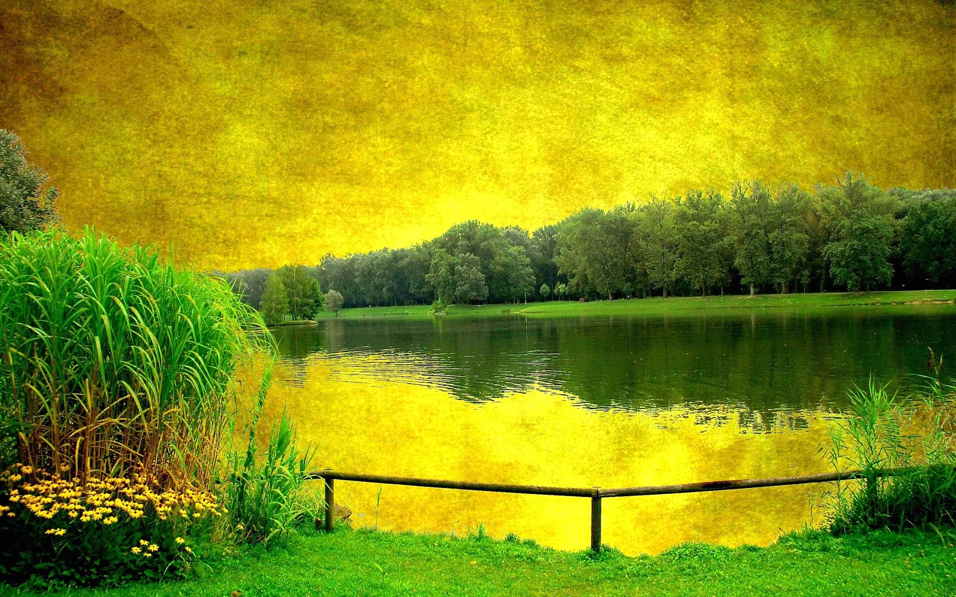 Lago, Alberi, Staccionata, Cielo giallo, 1920x1200, wallpaper desktop