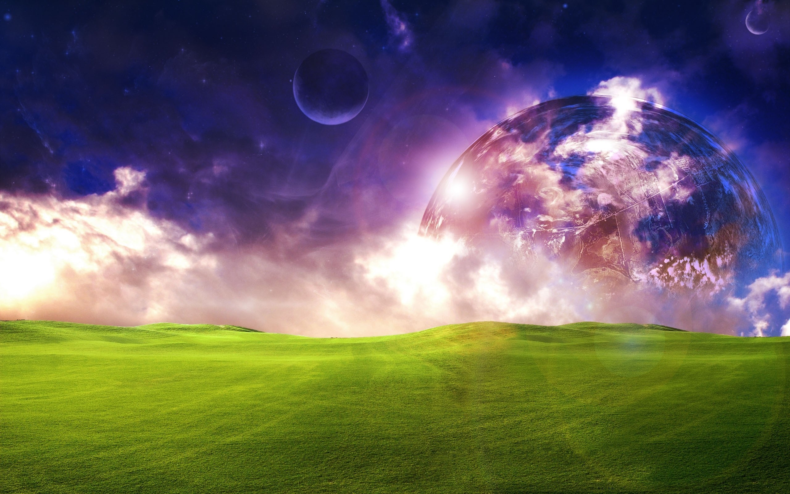 Pianeta, Prato verde, Cielo cosmico, Fantasia, Viola, 2K, sfondo per portatile