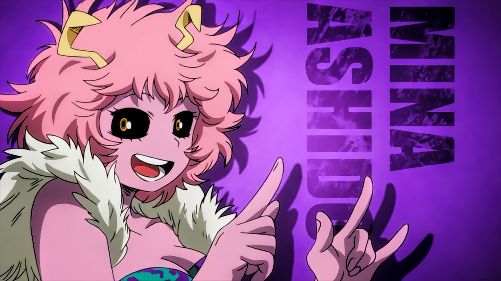 Mina Ashido, My Hero Academia, Capelli rosa, Tipografia, Viola, Full HD, wallpaper desktop