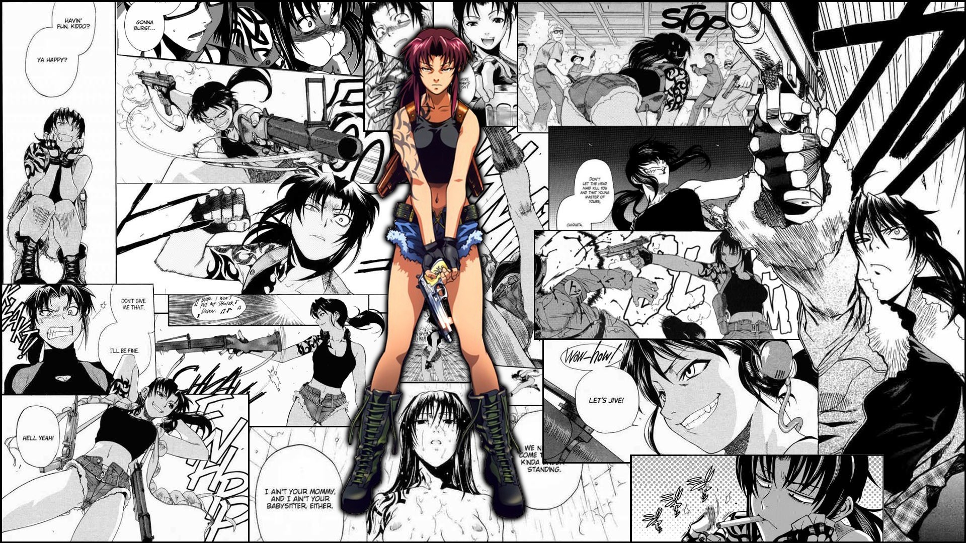 Revy, Black Lagoon, Tavole manga, Collage, Bianco e nero, Full HD, sfondo per portatile