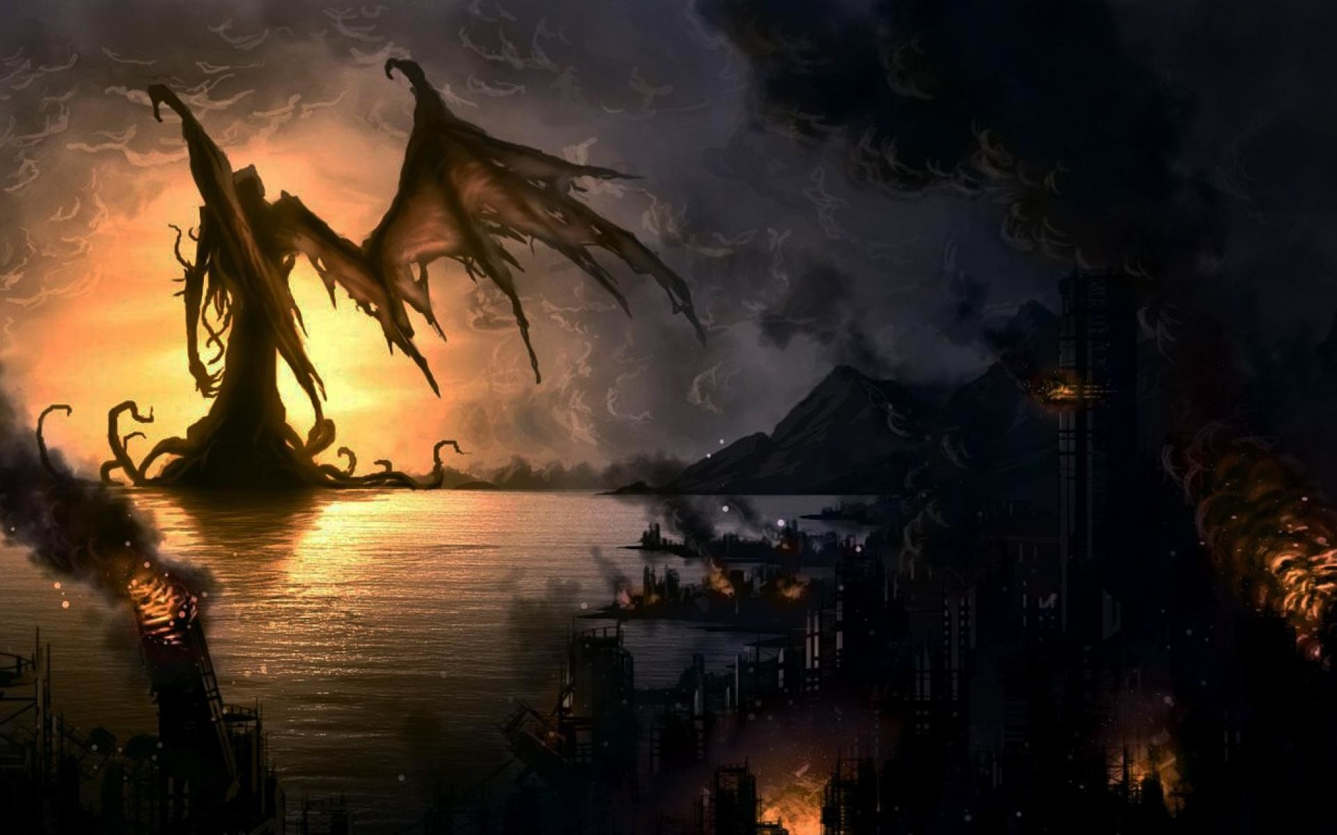 Cthulhu, Fuoco, Ali, Orrore cosmico, 16:10 Full HD, sfondo widescreen
