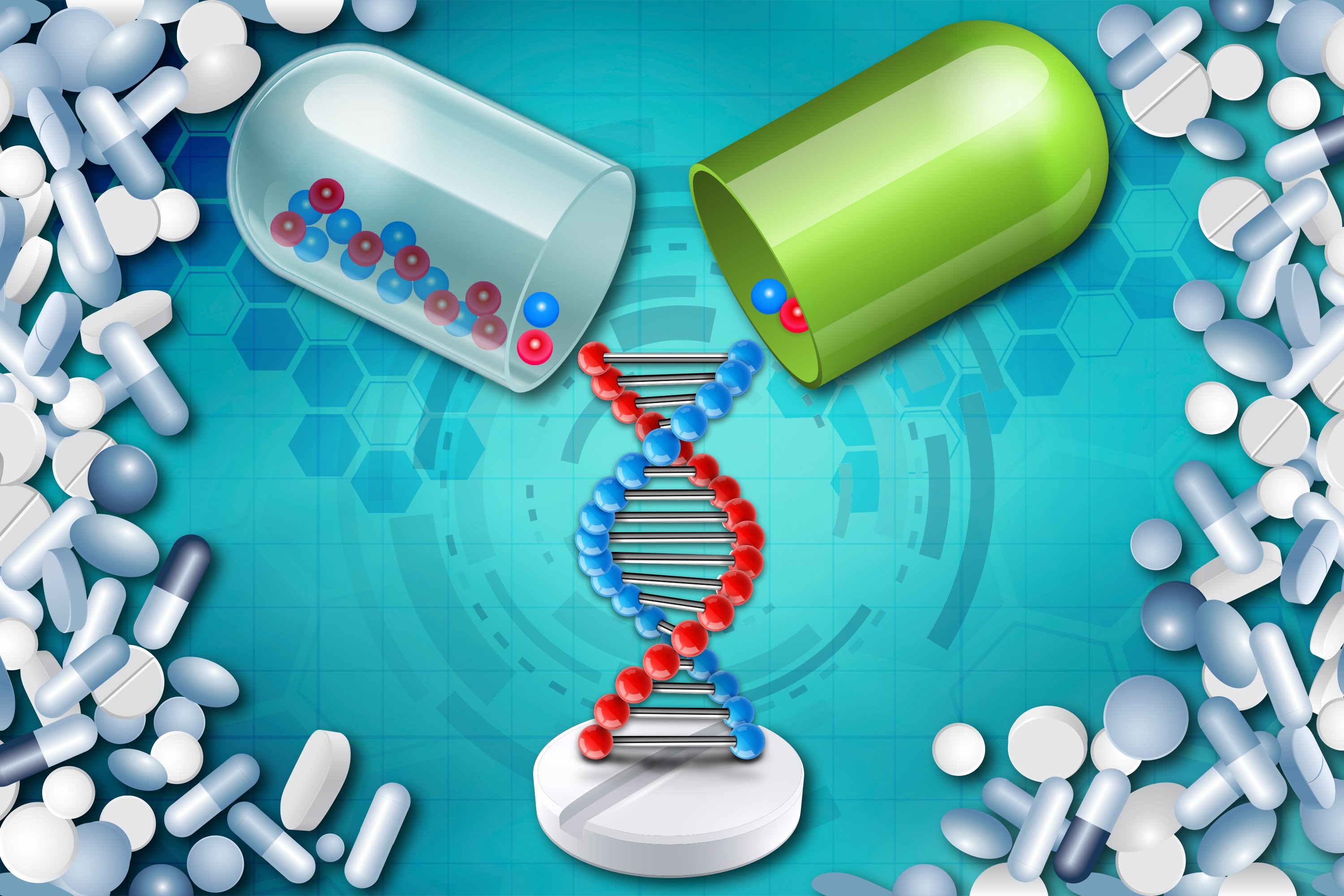 Capsule, DNA, Farmacogenetica, Illustrazione, 2K, sfondo per PC