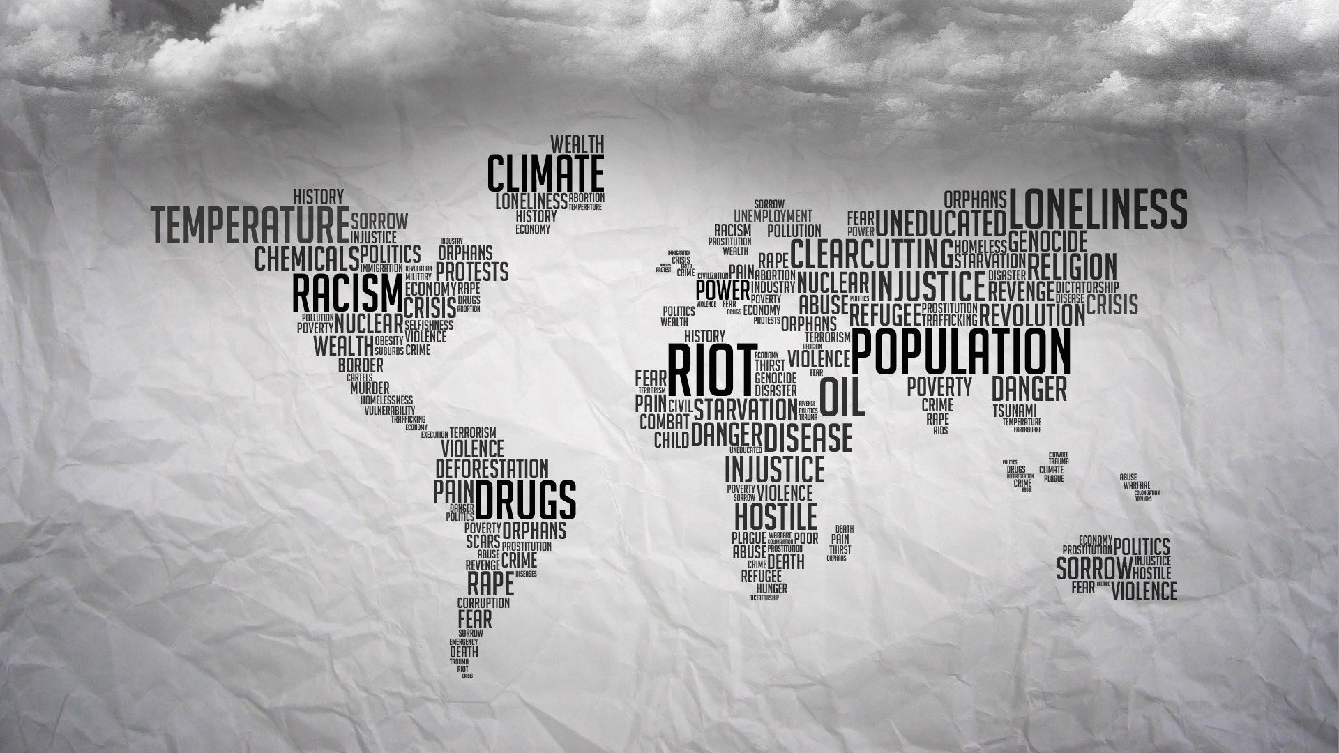 Mappa tipografica, Problemi globali, Carta stropicciata, Bianco e nero, sfondo desktop 1920x1080
