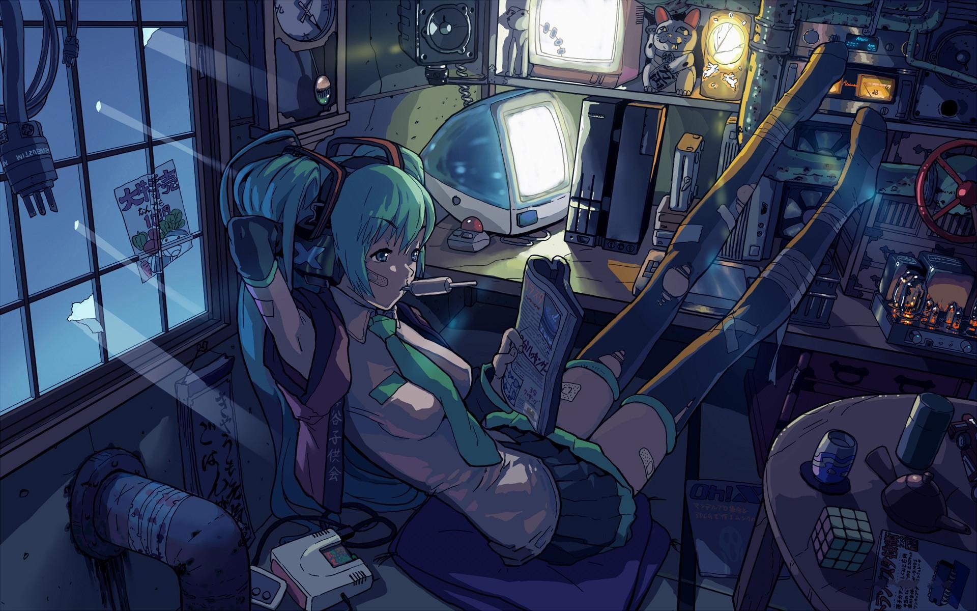 Hatsune Miku, Vocaloid, Stanza, Retrò tecnologia, Anime, Full HD, sfondo Windows 11