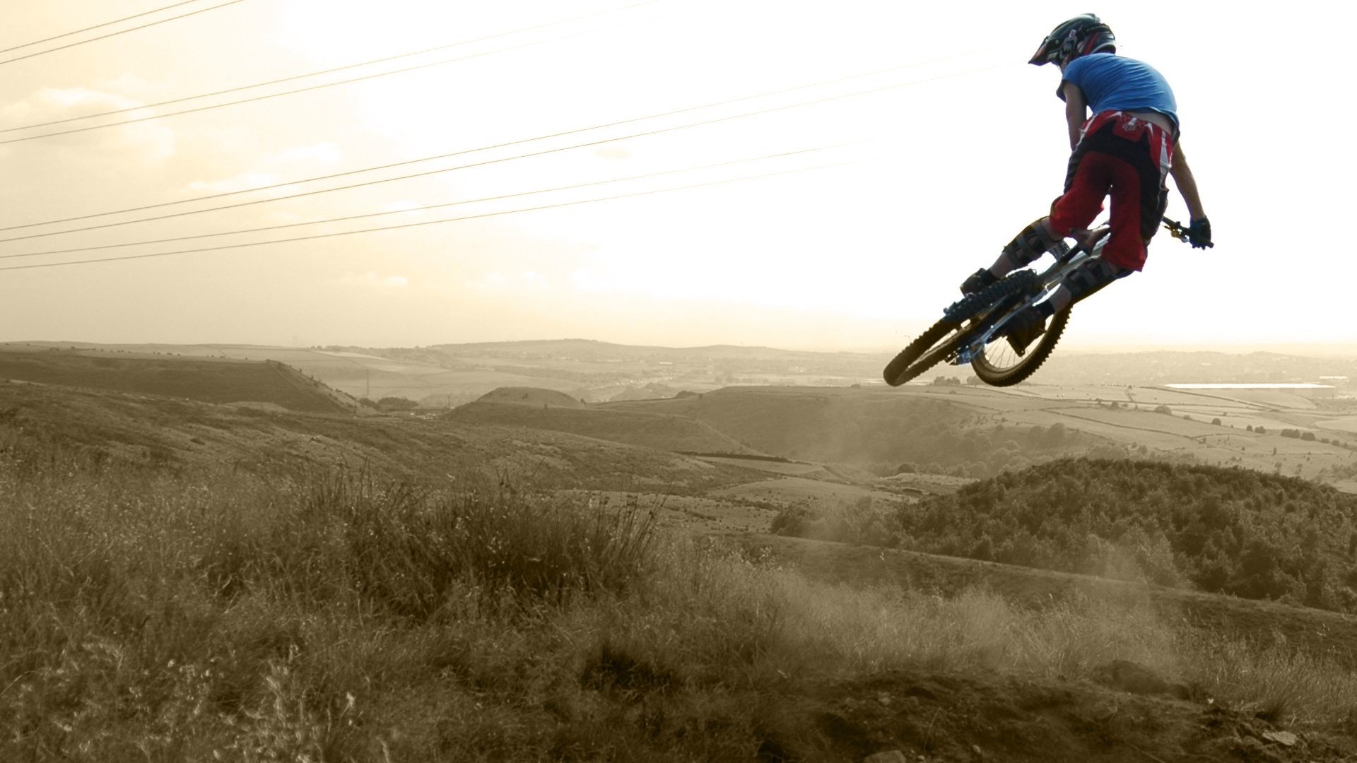 Mountain bike, Salto, Seppia, Colline, Full HD 1080p, sfondo desktop