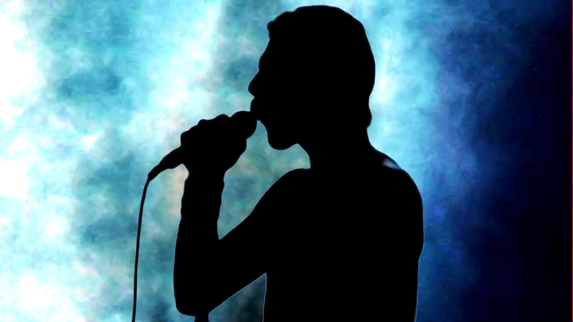 Freddie Mercury, Silhouette, Microfono, Fumo blu, 1920x1080, immagine di sfondo