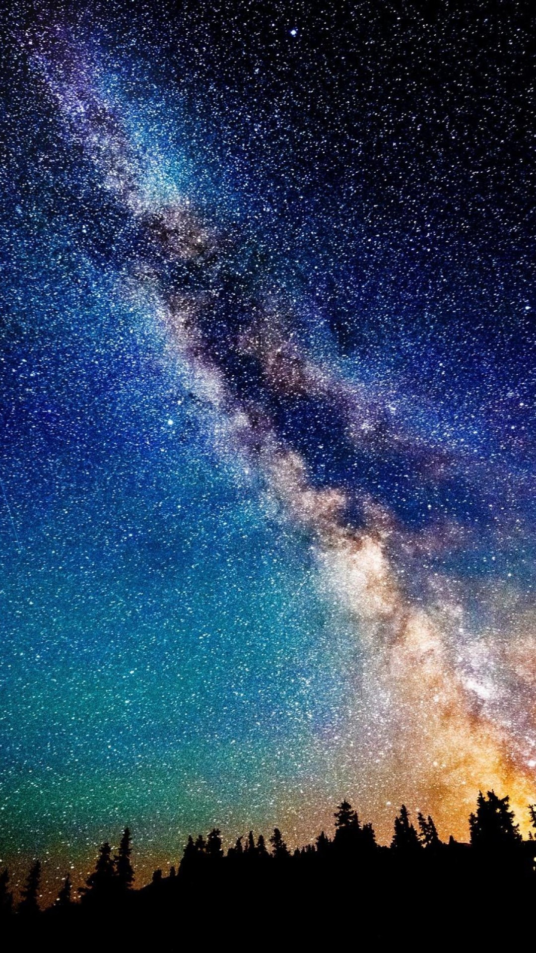 Via Lattea, Cielo stellato, Alberi, Notte, wallpaper iPhone