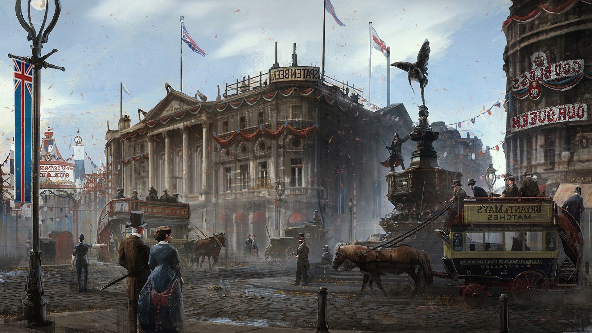 Assassin's Creed Syndicate, Piccadilly Circus, Fontana di Eros, Carrozze, Union Jack, sfondo Full HD